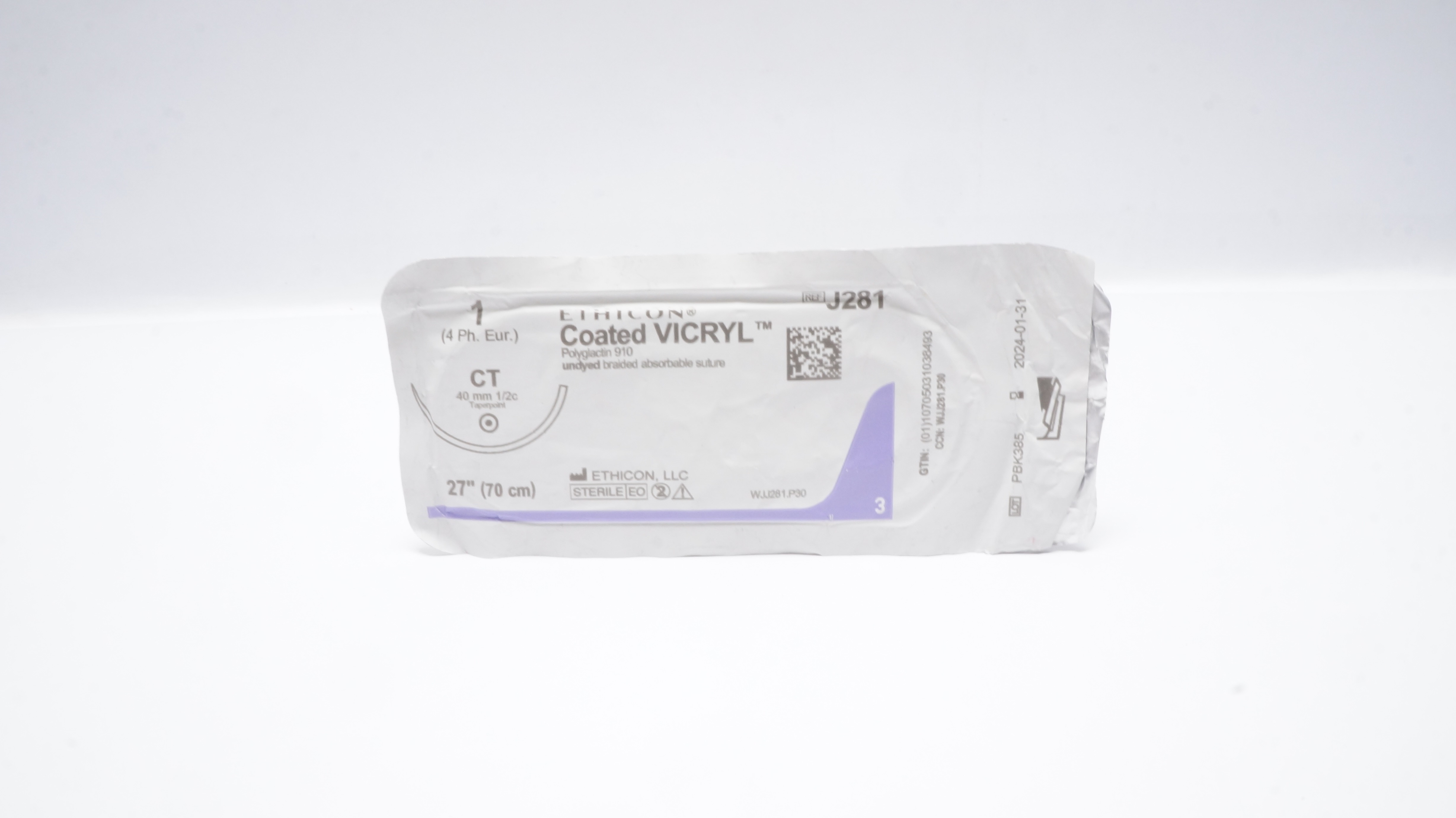 Ethicon J281 1 Coated VICRYL Polyglactin Stre CT 40mm 1/2c Taperpoint 27inch (x)
