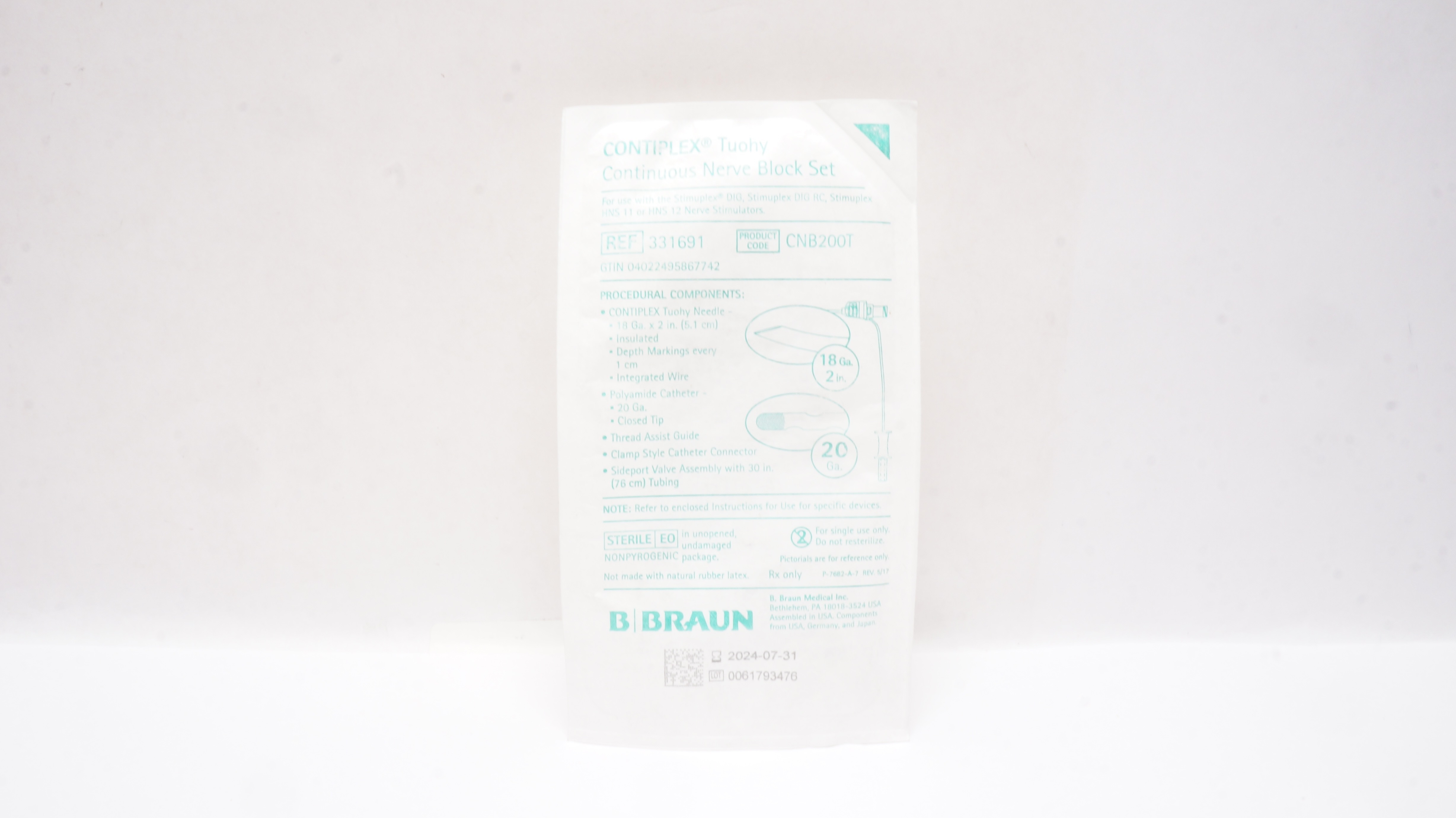 Braun 331691 Contiplex Tuohy Continuous Nerve Block Set 18 Ga.x 2in. 20 Ga.