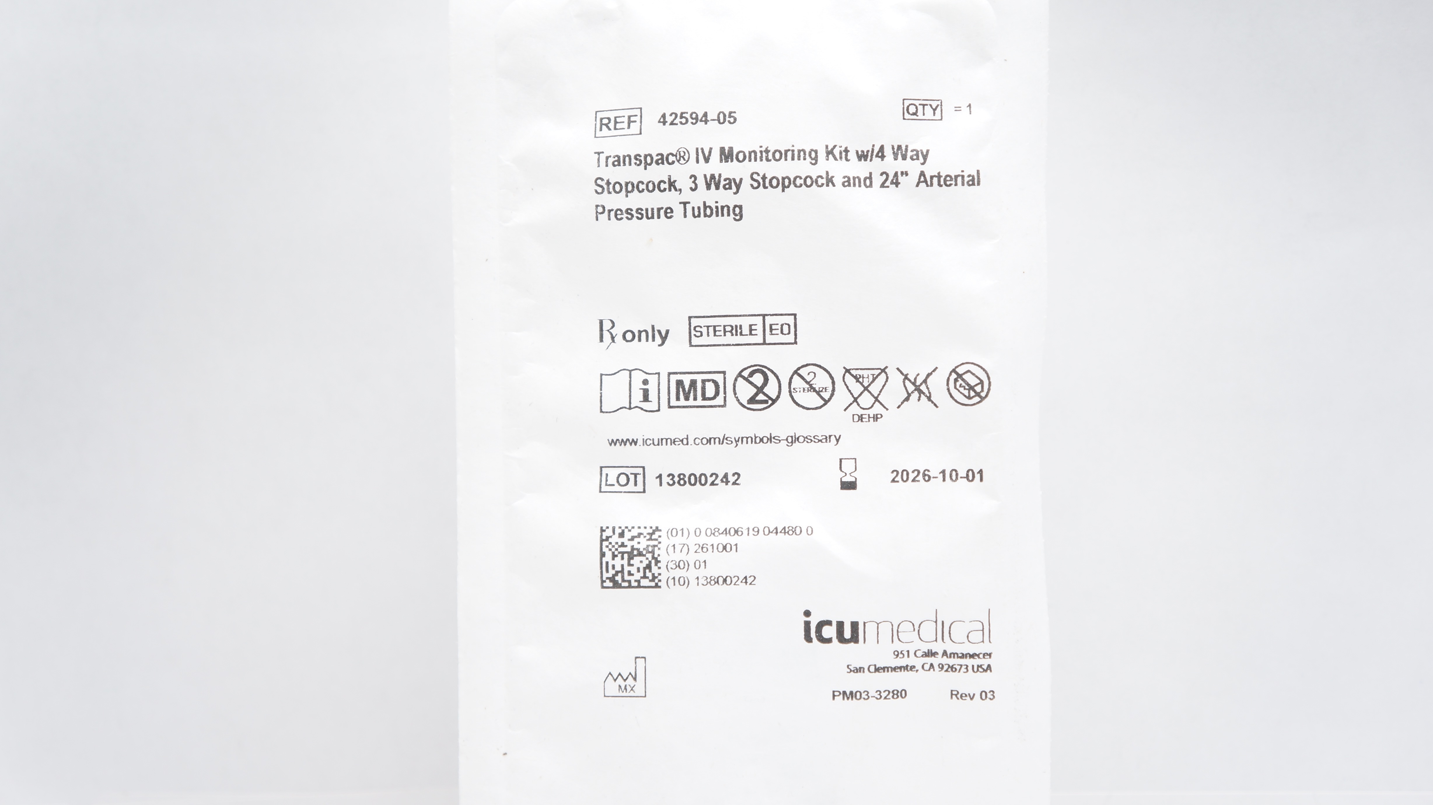 ICU Medical 42594-05 Transpac IV Monitoring Kit w/4&3 Way Stopcock 24inch Tubing