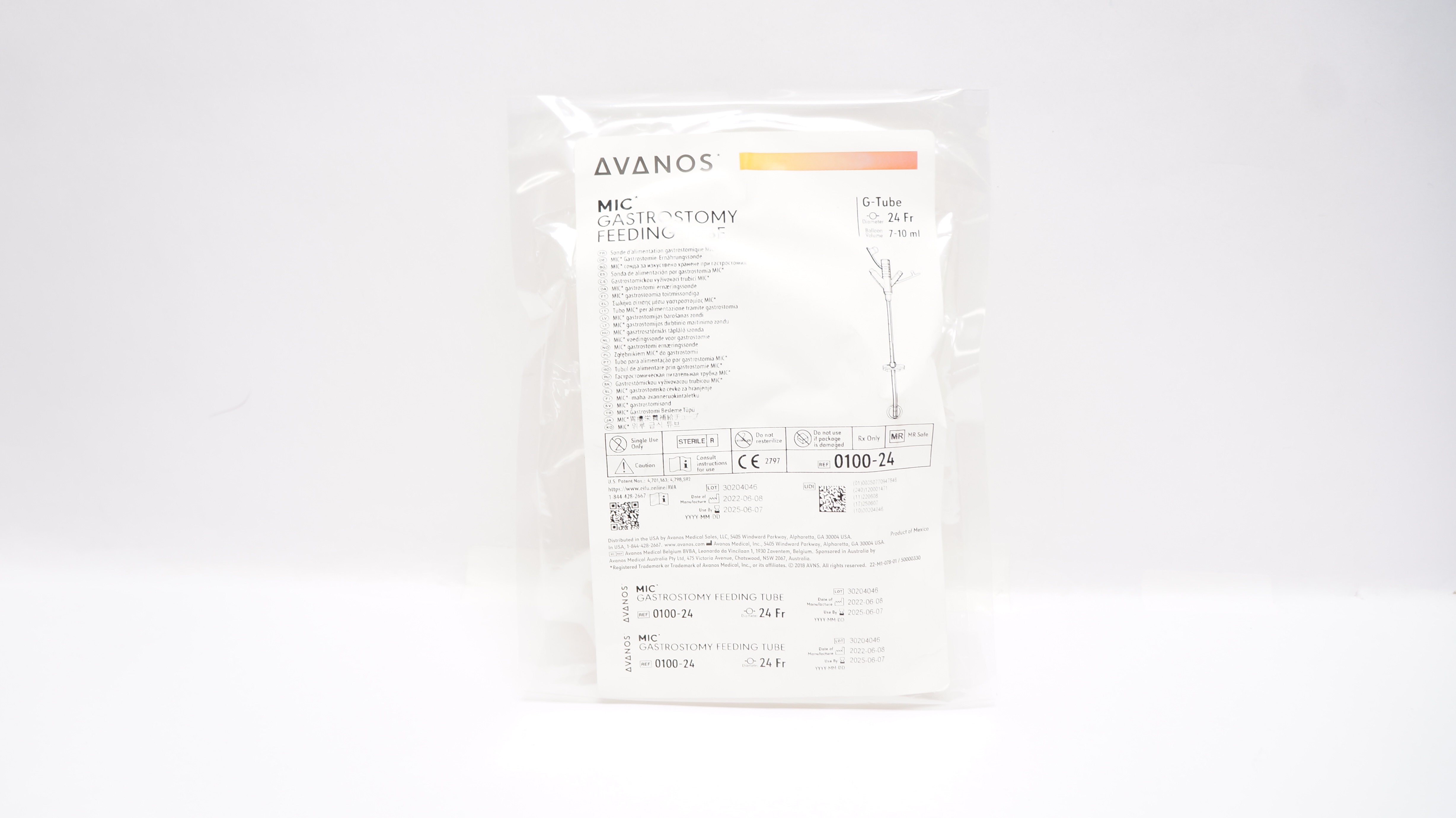 Avanos 0100-24 MIC Gastrostomy Feeding Tube 24Fr 7-10ml