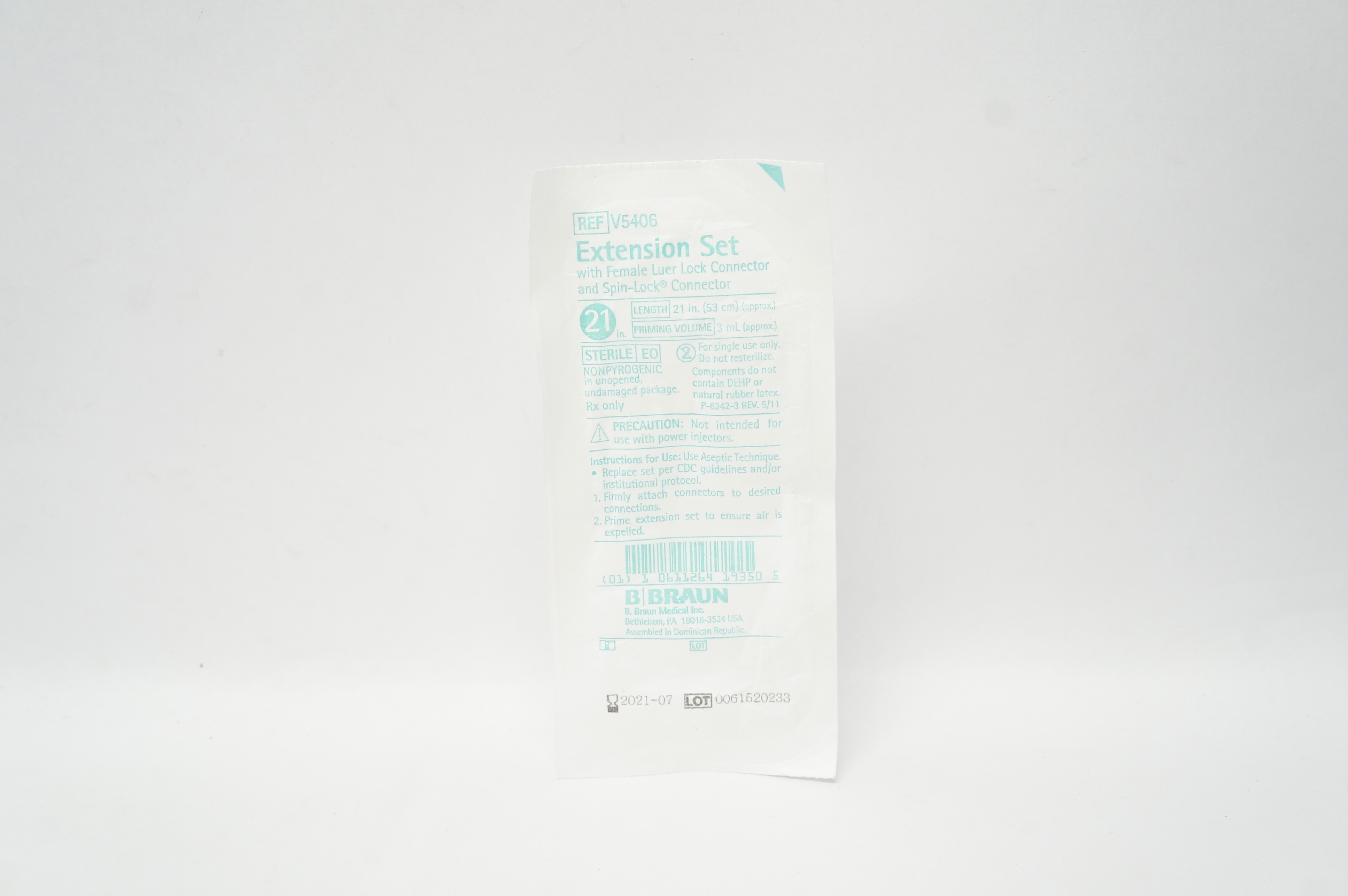 Braun V5406 Extension Set w/Female Luer Lock,Spin-Lock Connector 21inch x 3ml(x)