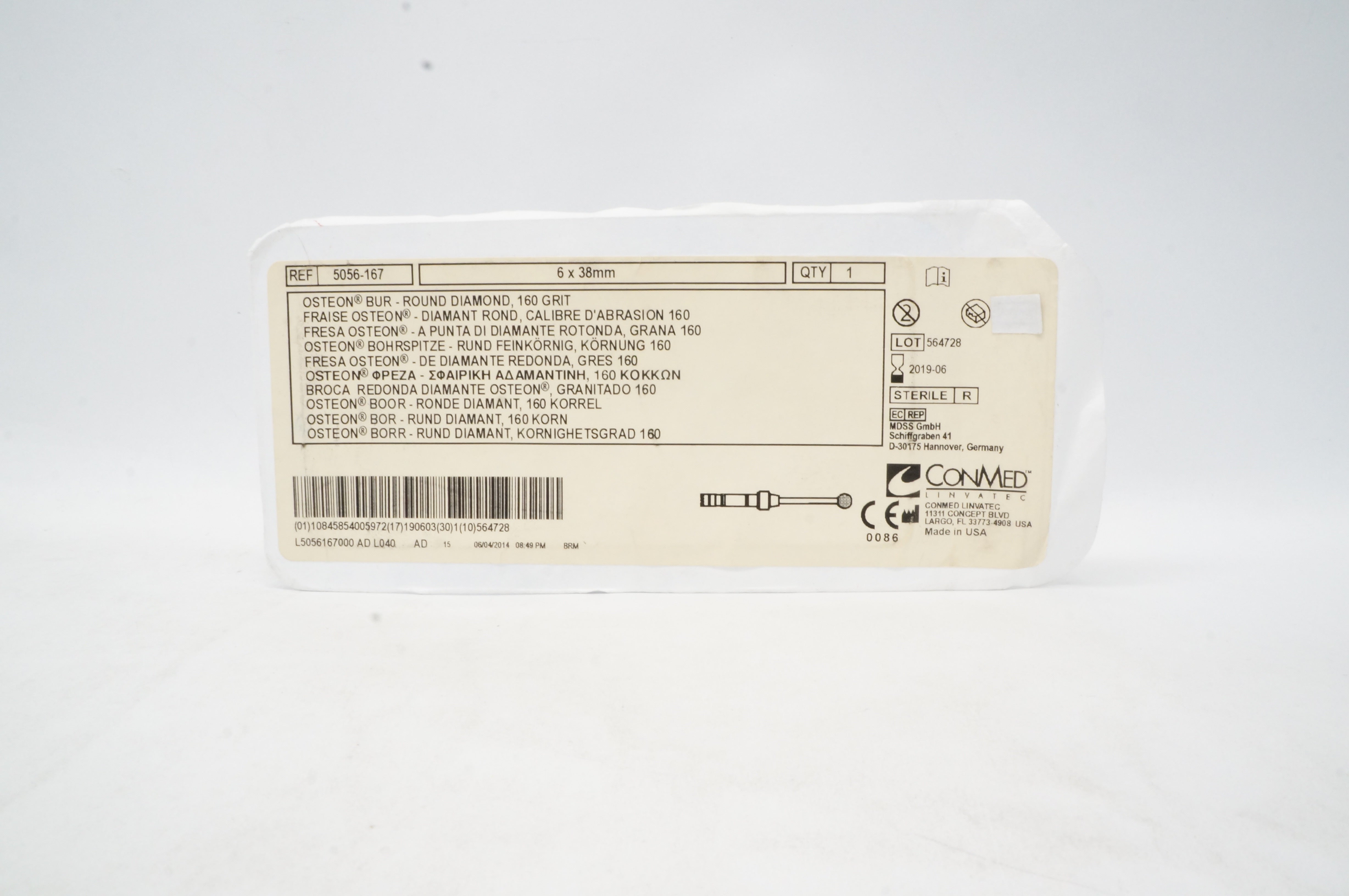 ConMed 5056-167 Osteon Bur-Round Diamond 160 Grit 6 x 38mm (x)
