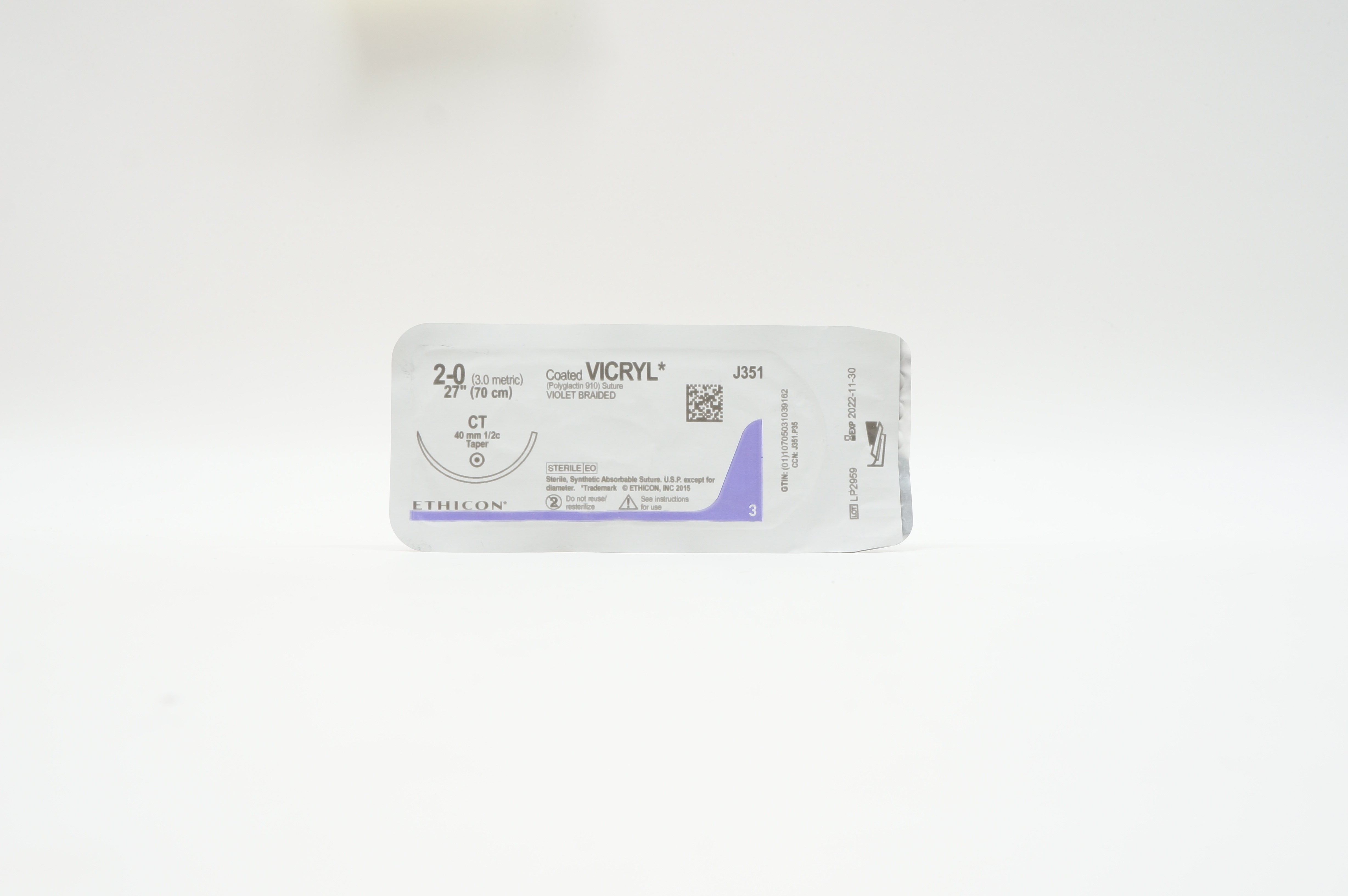 Ethicon J351 2-0 VICRYL, CT, 40mm 1/2c Taper, 27inch