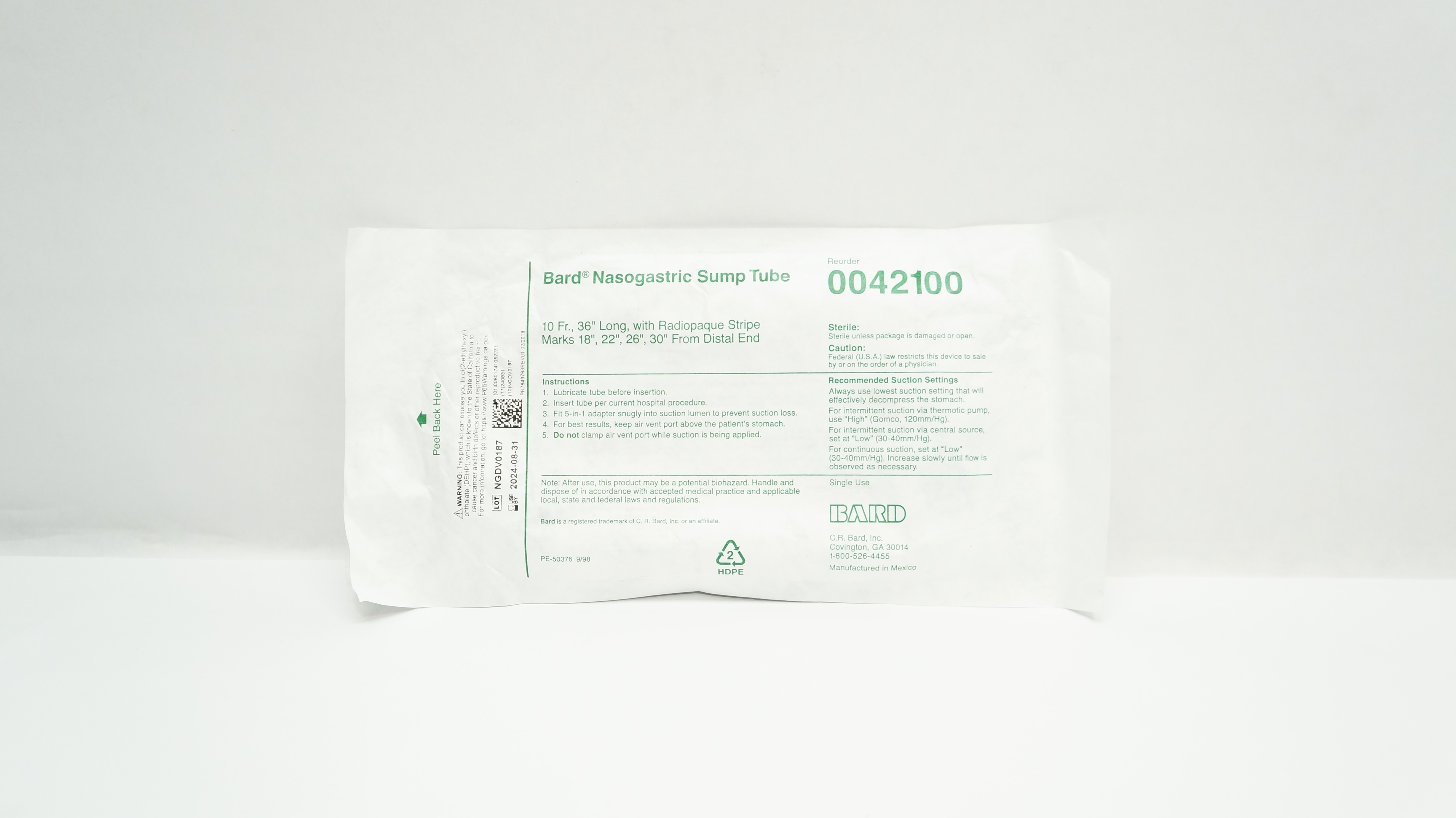 Bard 0042100 Nasogastric Sump Tube with Radiopaque Stripe Marks 10Fr x 36inch