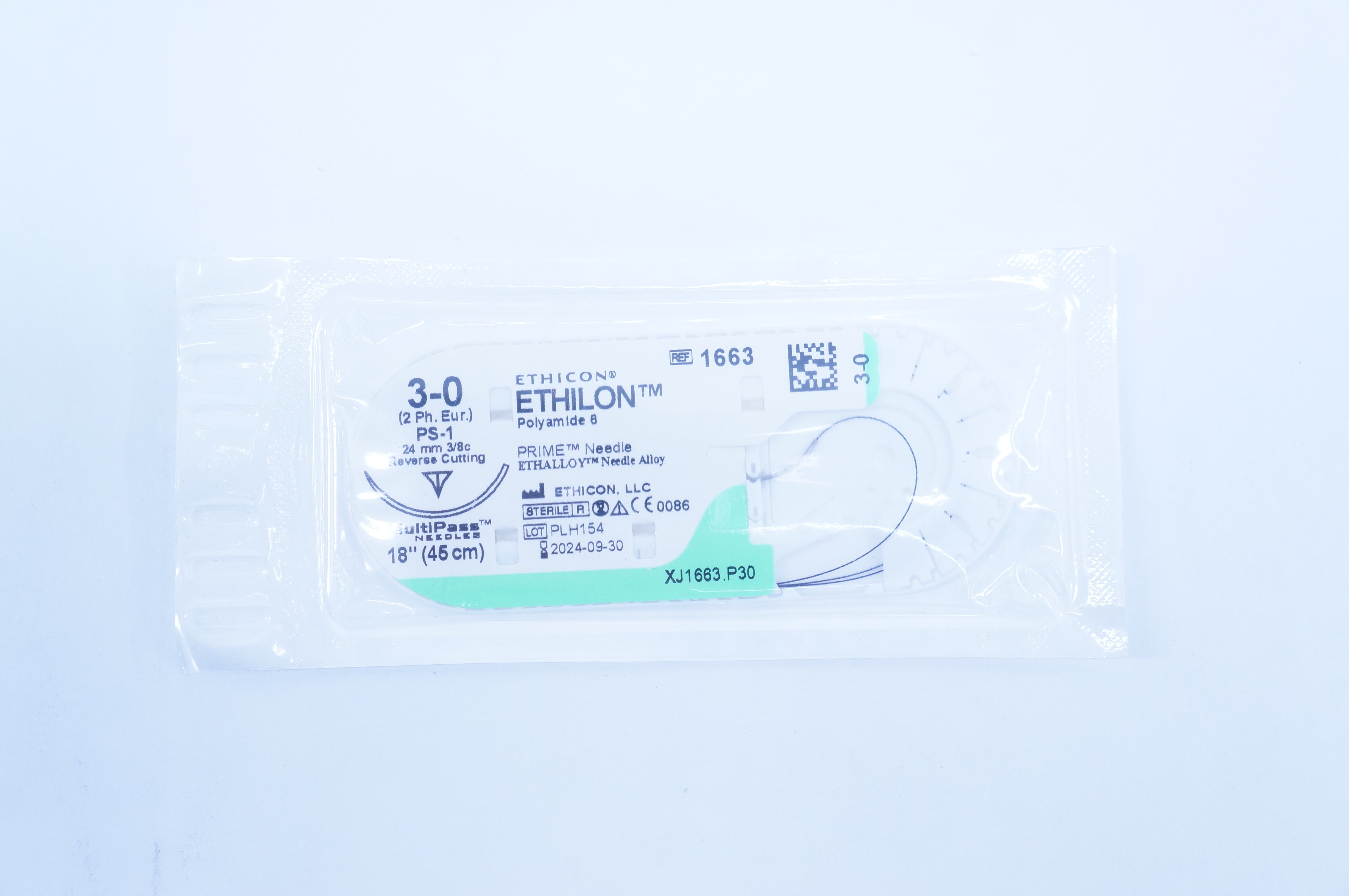 Ethicon 1663 3-0 Ethilon PS-1 24mm 3/8c Reverse Cutting MultiPass 18inch