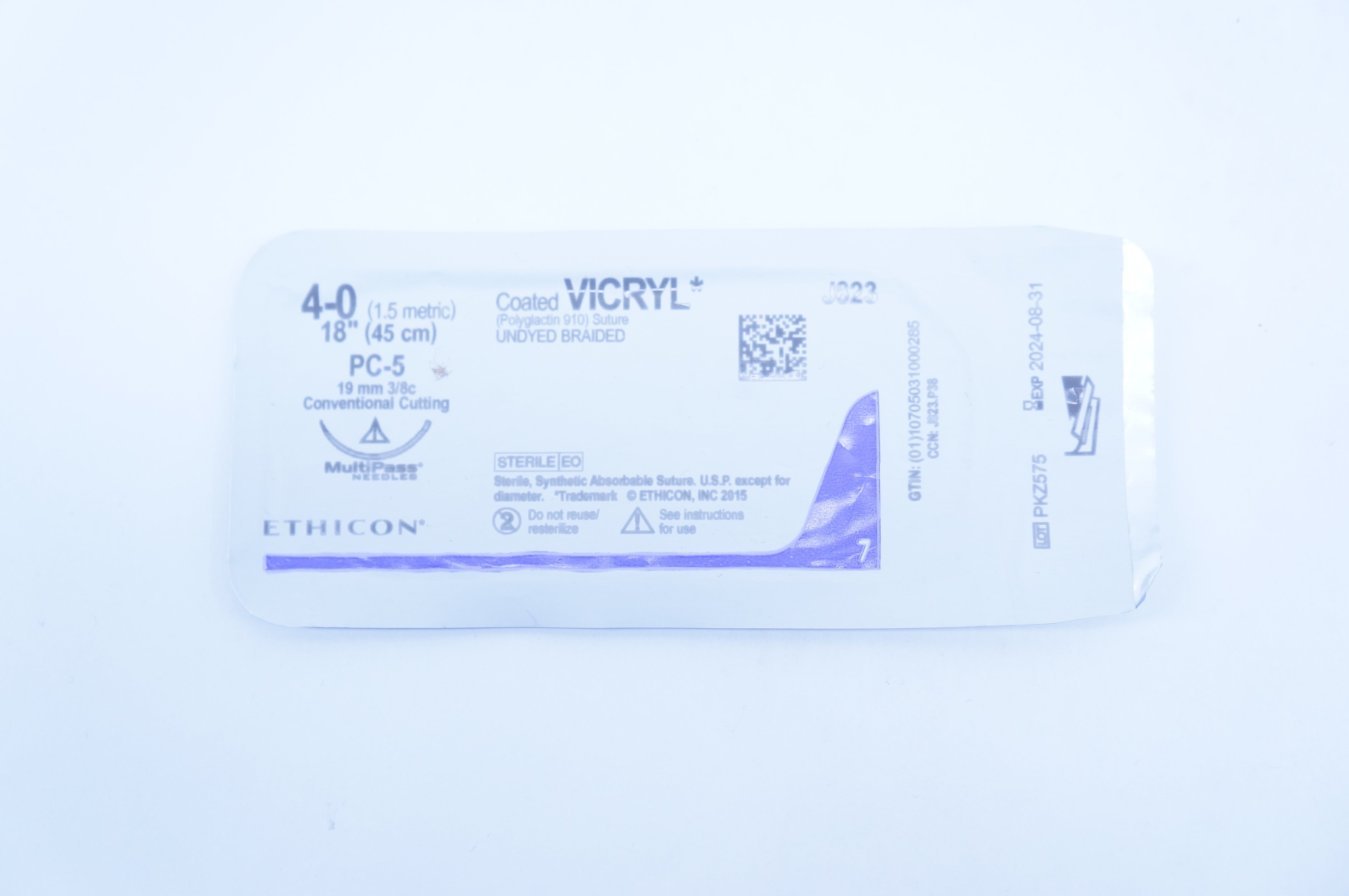 Ethicon J823 4-0 Vicryl Absorbable Stre. Undyed Braided 18in, PS-5 19mm