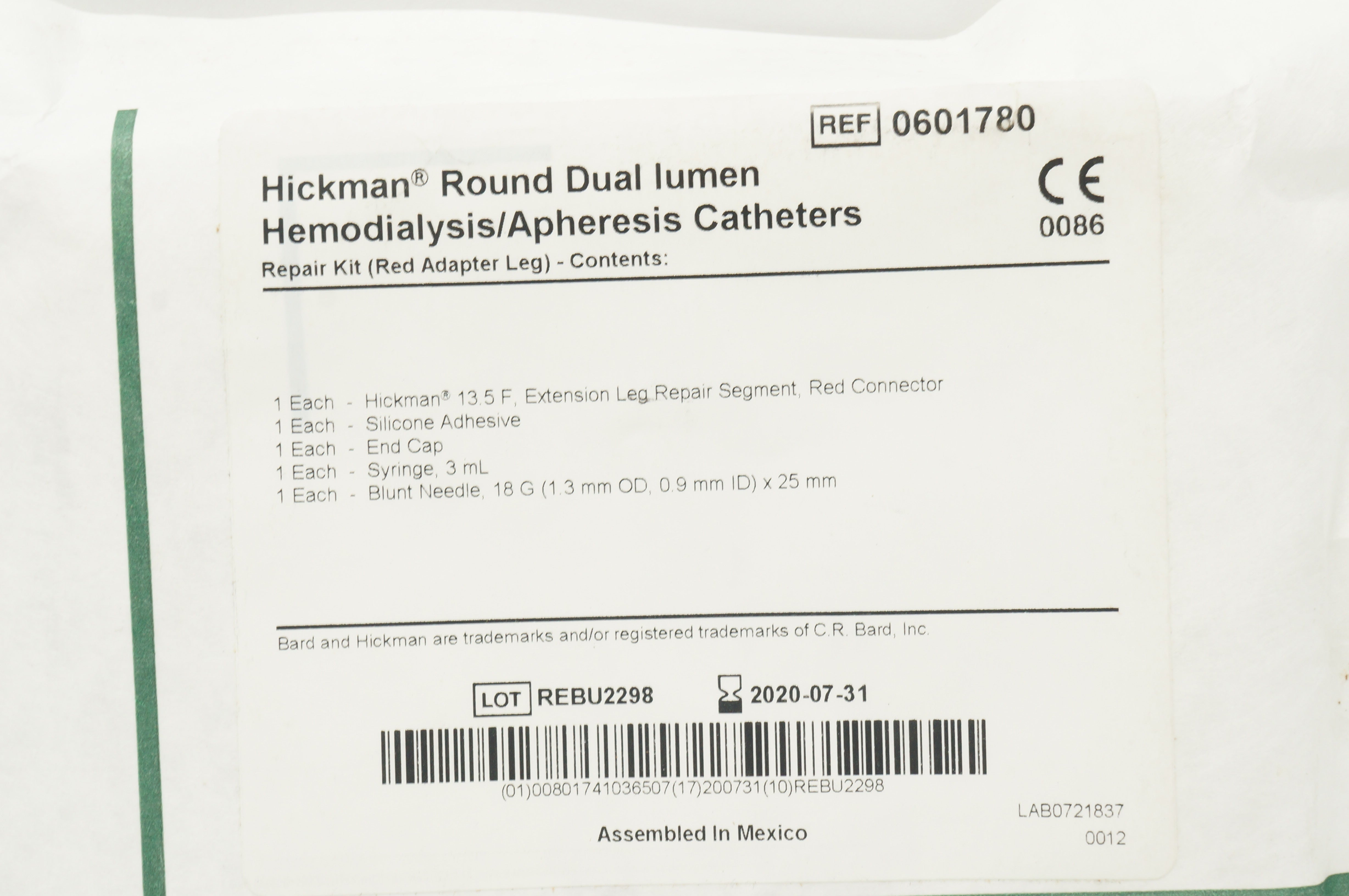 Bard 0601780 Hickman Round Dual Lumen Hemodialysis/Apheresis Cath. 13.5F (x)