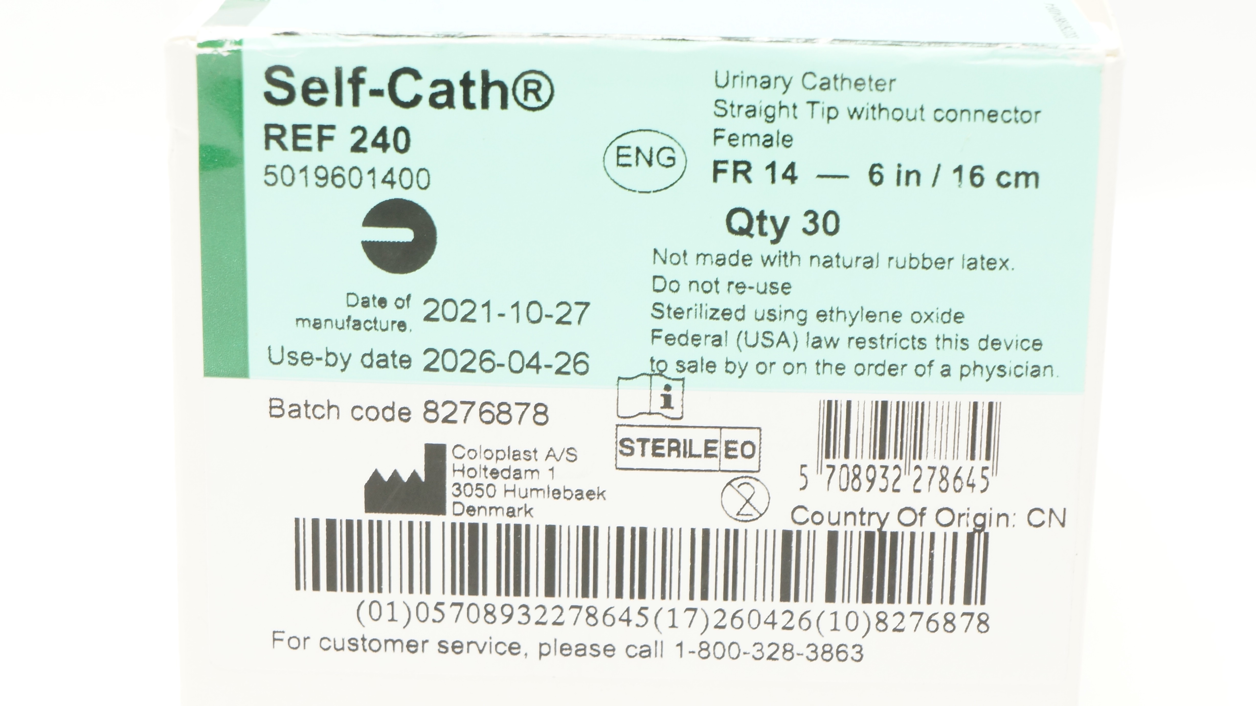 Coloplast 240 Self-Cath Urinary Cath. Straight Tip 14Fr x 6inch - Box of 30