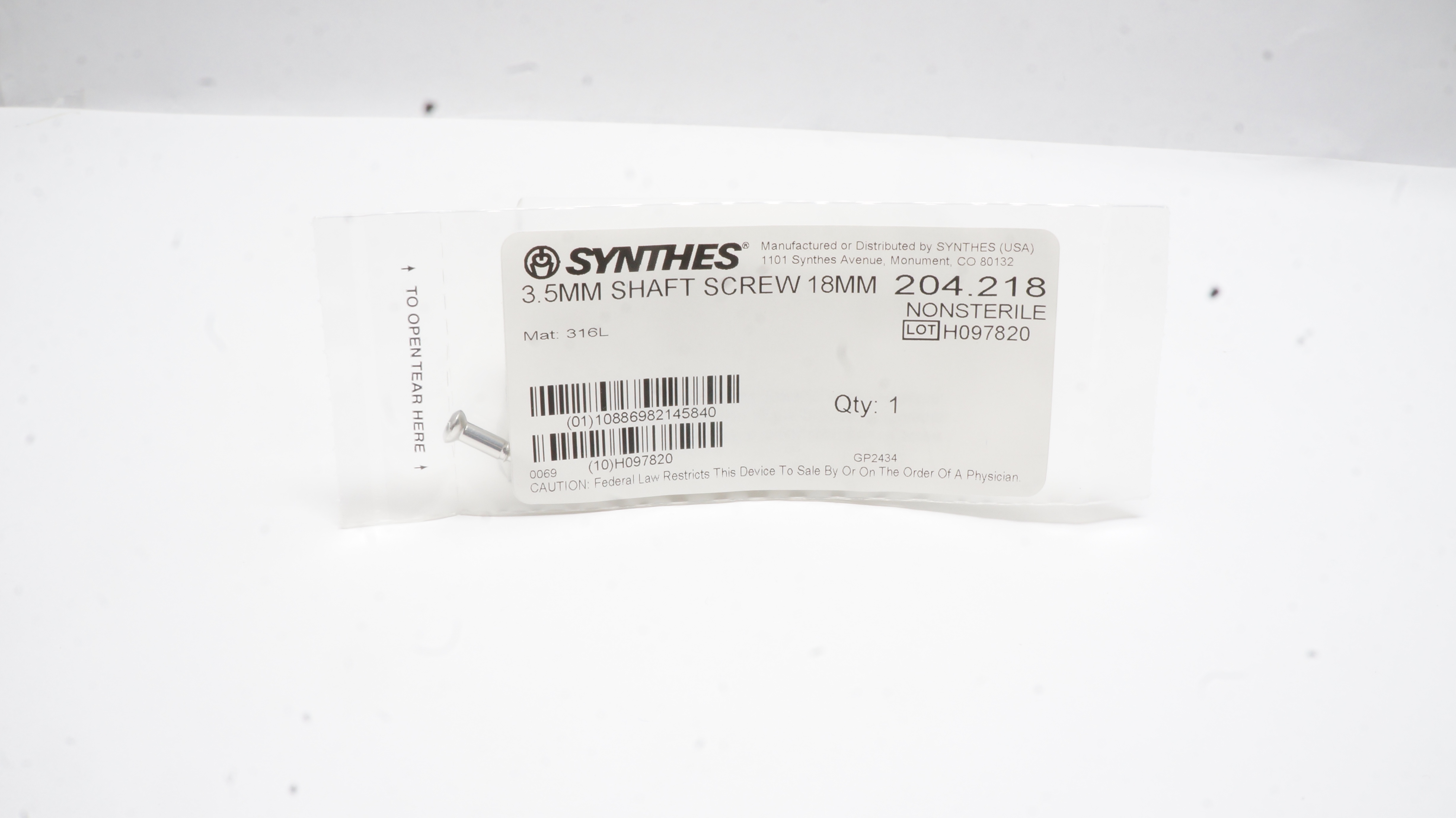 Synthes 204.218 3.5mm Shaft Screw 18mm