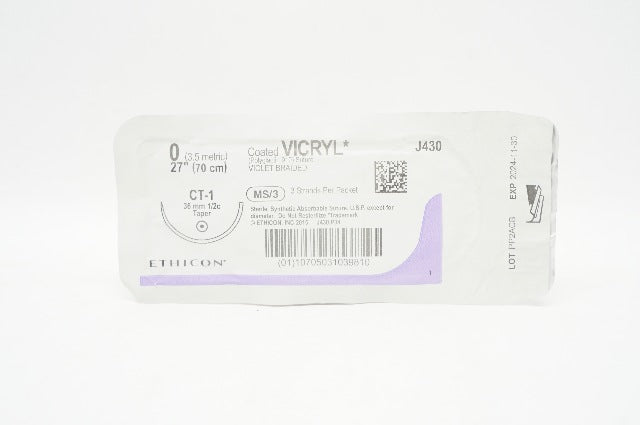 Ethicon J430 Vicryl 0 Coated Violet Vraided 27inch Ct-1 36mm 1/2c Taper