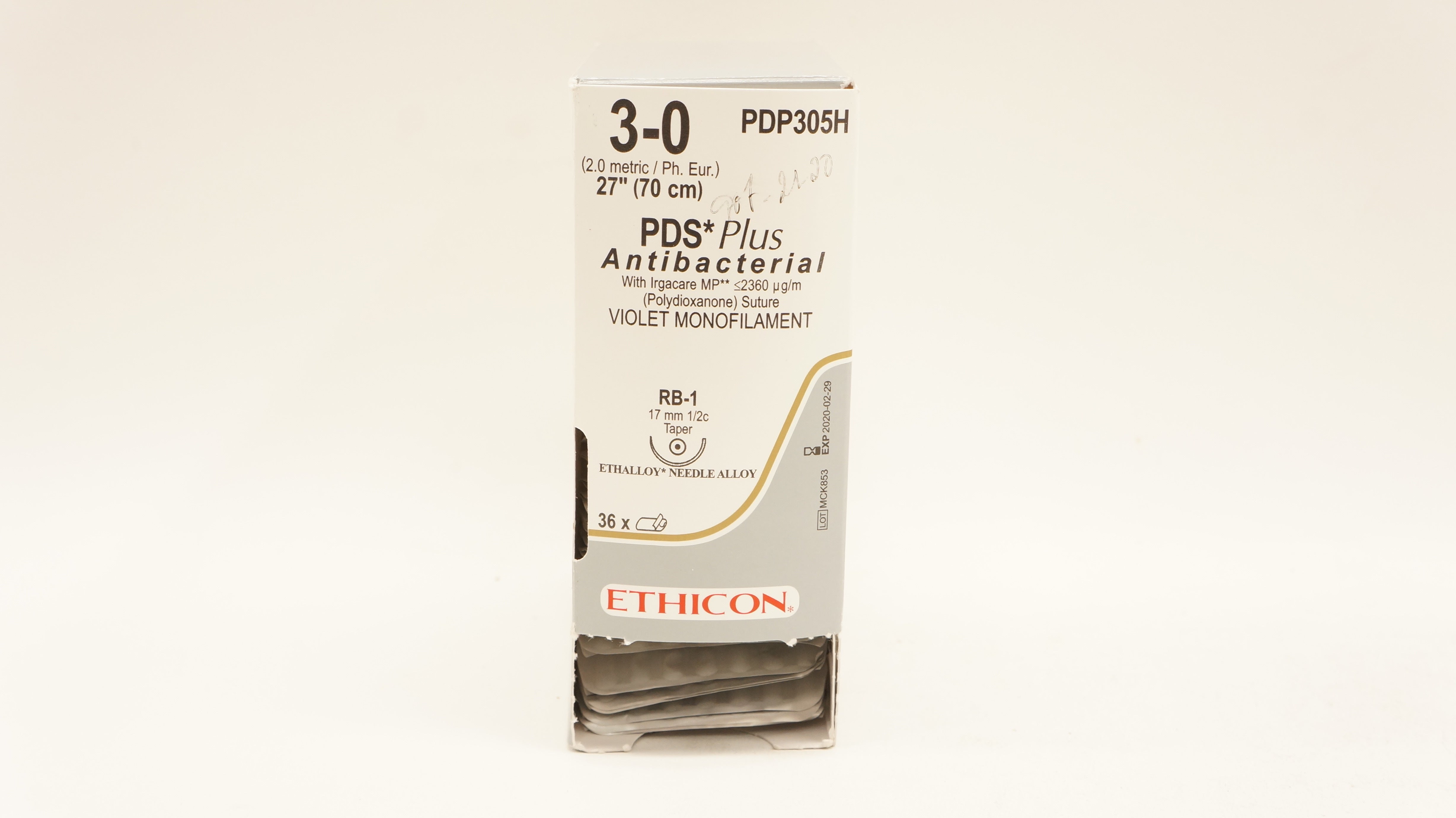 Ethicon PDP305H 3-0 PDS Plus Antibacterial Stre RB-1 17mm 1/2c 27in- Box of36(x)
