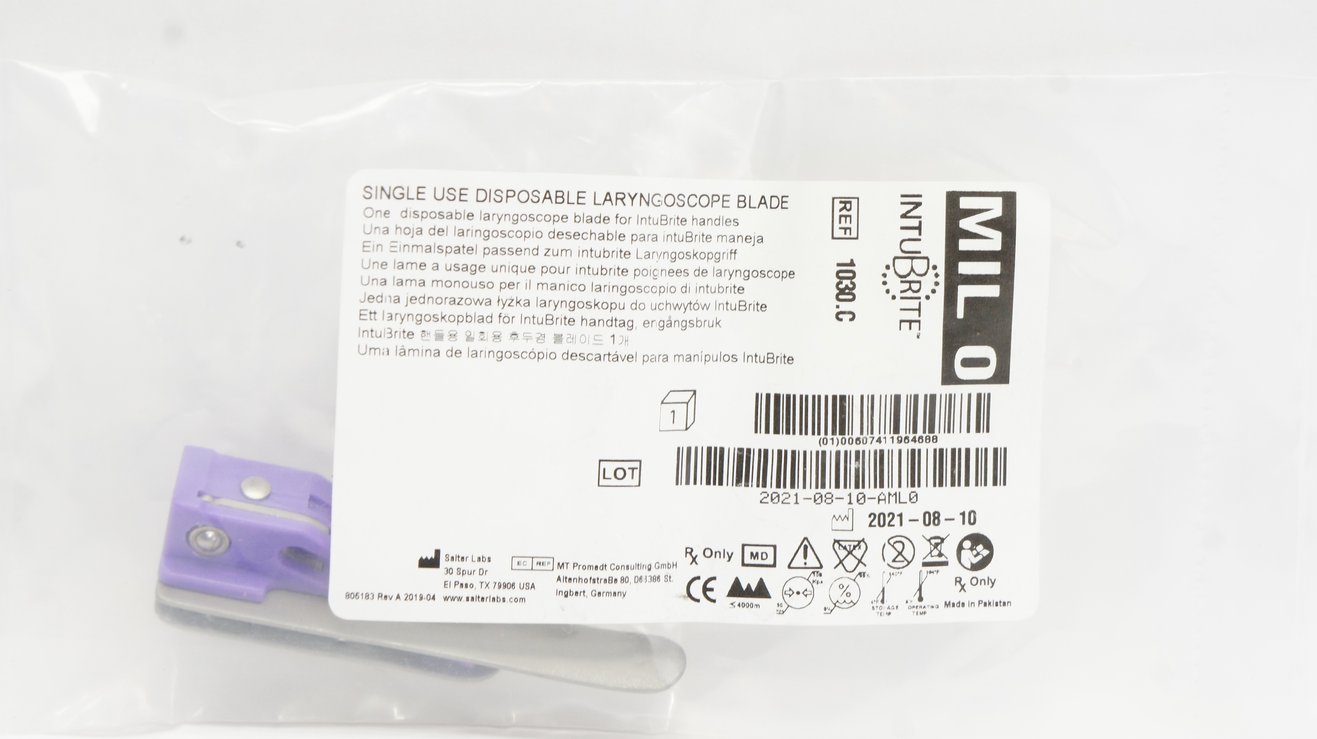 Salter Labs 1030.C IntuBrite Single Use Disposable Laryngoscope Blade, MIL 0