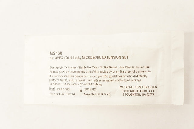 Medical Specialties MS438 12inch Appx Vol 0.3mL, Microbore Extension Set (x)
