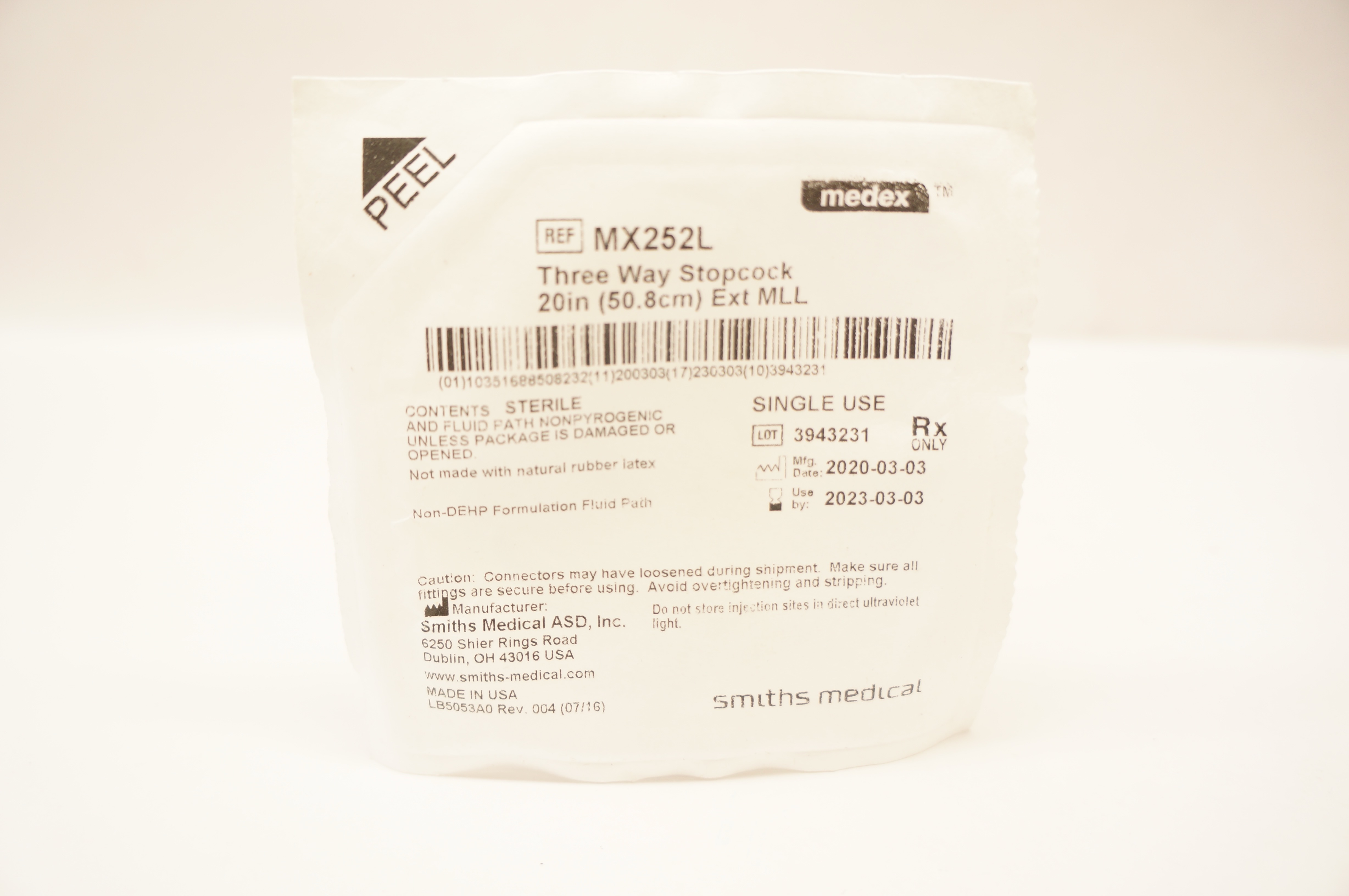 Smiths Medical MX252L Medex Three Way Stopcock Ext MLL 20inch