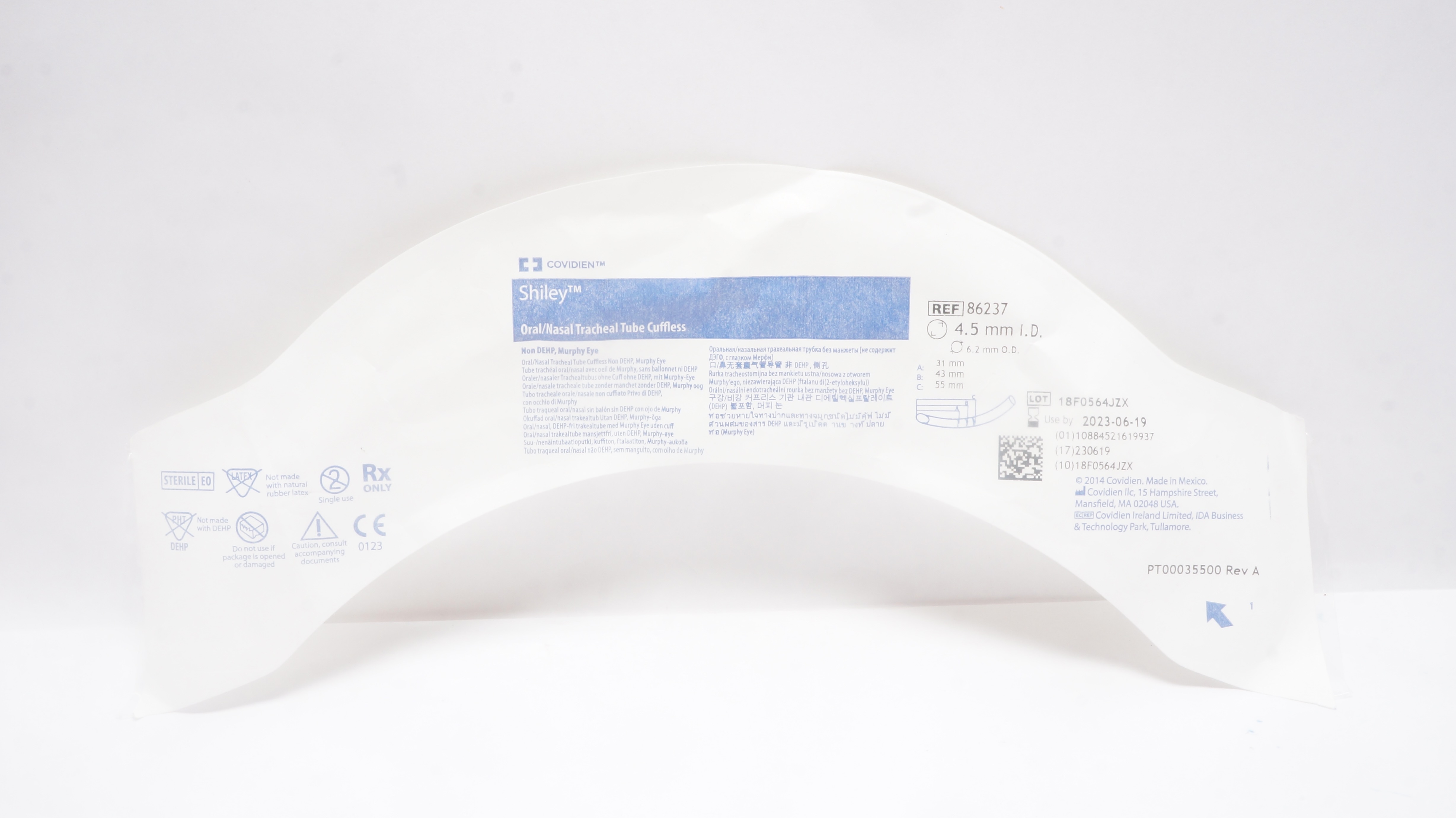 Covidien 86237 Shiley Oral/Nasal Tracheal Tube Cuffless 4.5mm ID x 6.2mm OD(x)