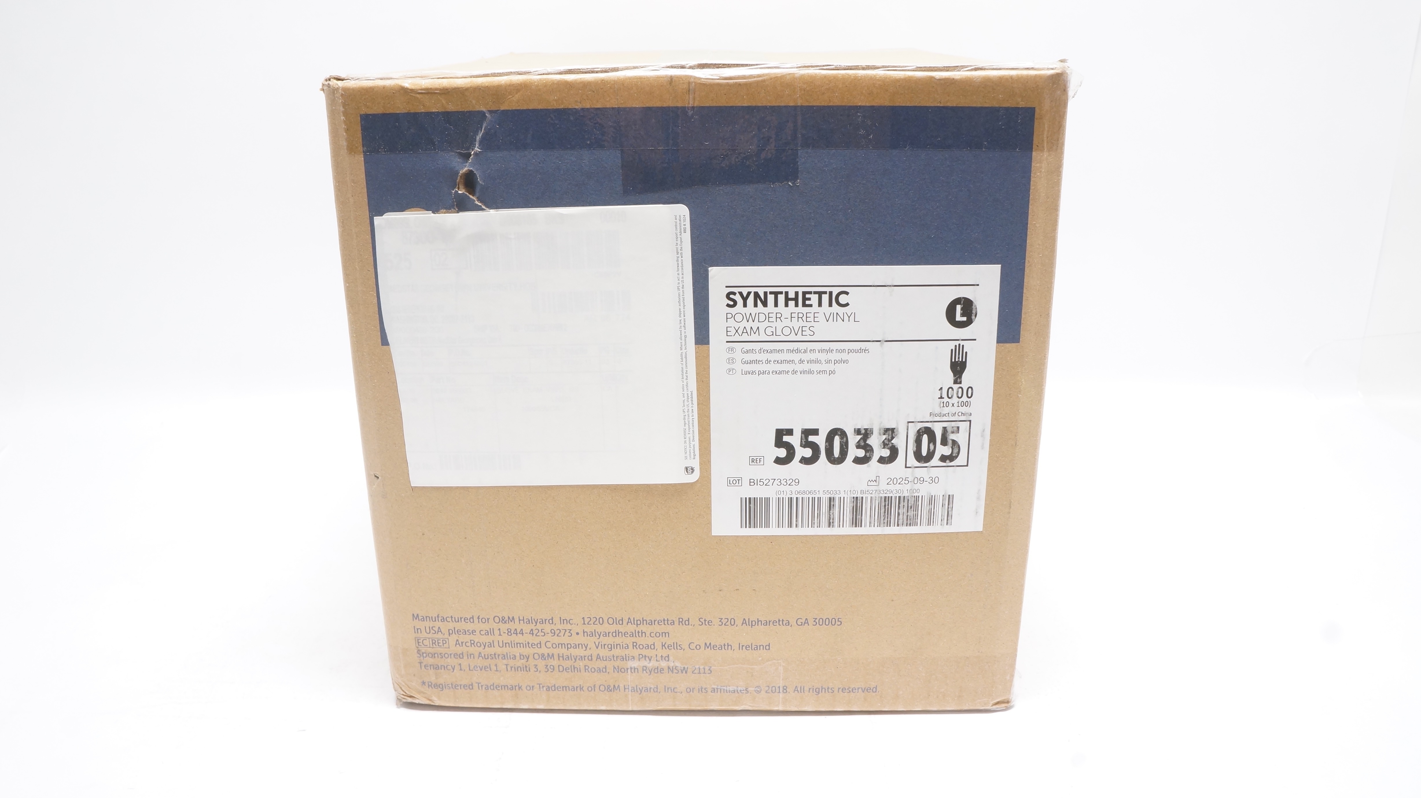 Halyard 55033 Synthetic Powder-Free Vinyl Exam Gloves, Size L - Box of 1000