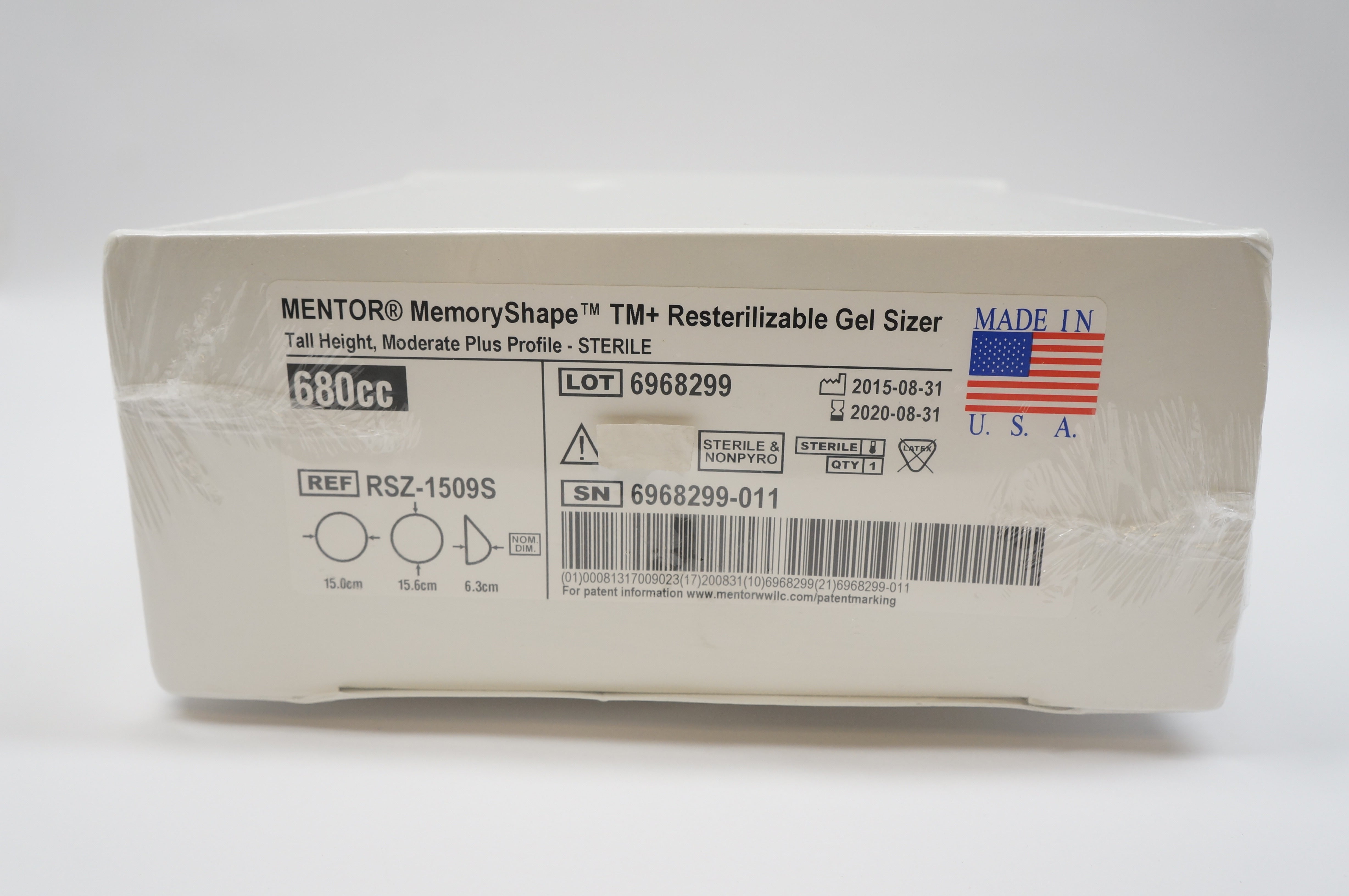 MENTOR RSZ-1509S MemoryShape TM+ Resterilizable Gel Sizer 680cc, 6.3cm x 15.6cm