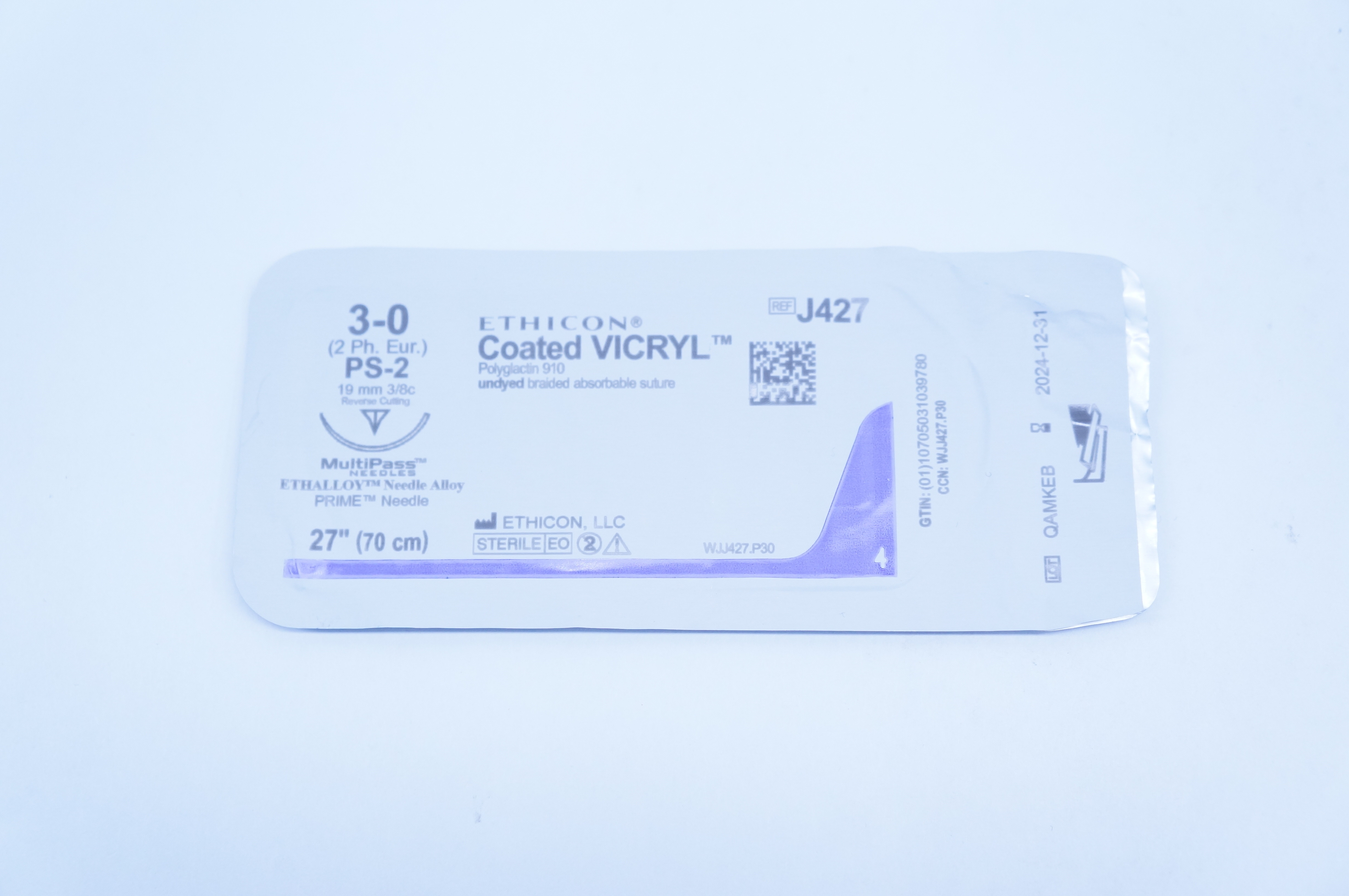 Ethicon J427 3-0 VICRYL, PS-2, 19mm 3/8c Reverse Cutting, 27inch (x)