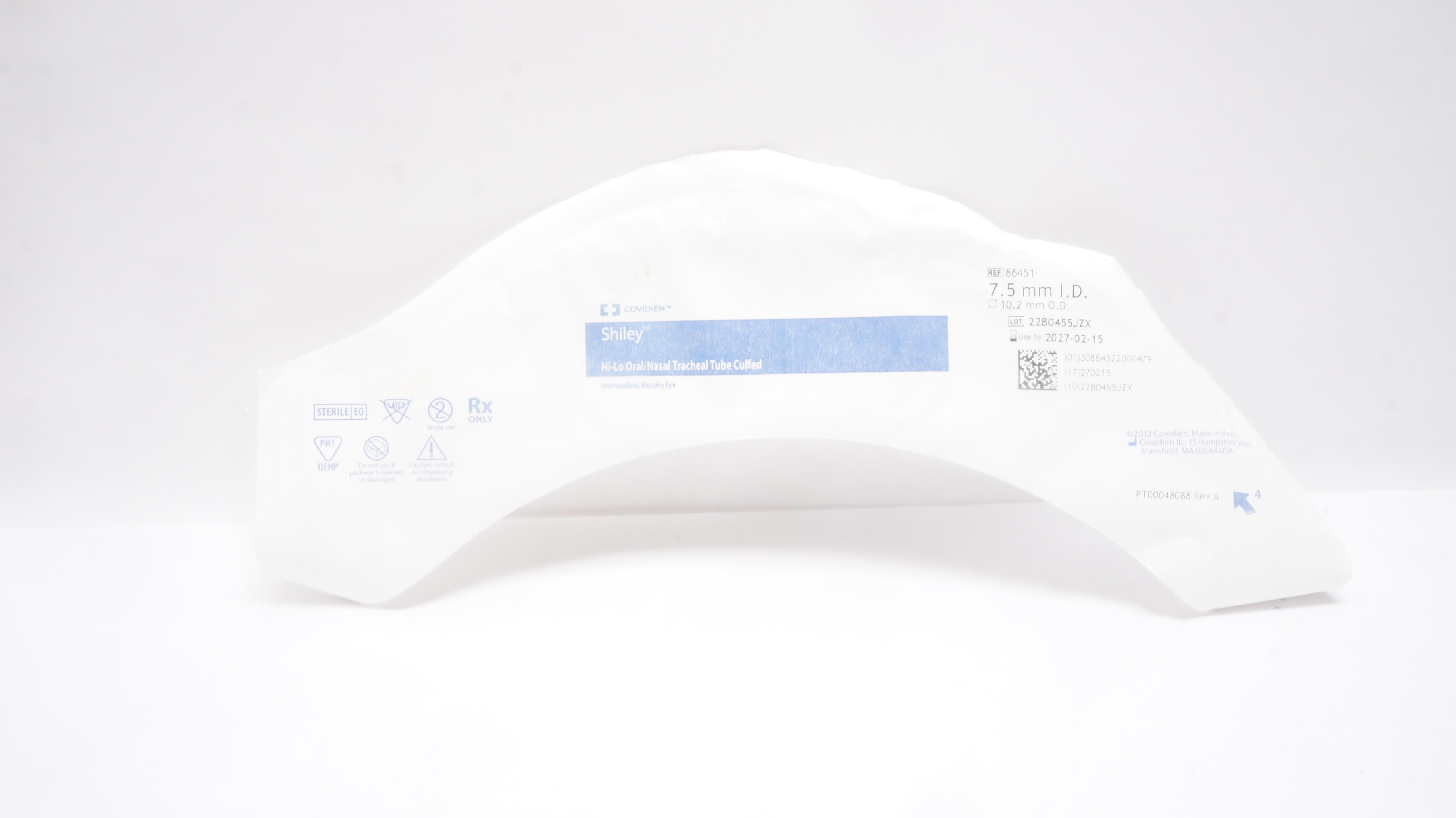 Covidien 86451 Shiley Hi-Lo Oral/Nasal Tracheal Tube Cuffed 7.5mm ID x 10.2mm OD
