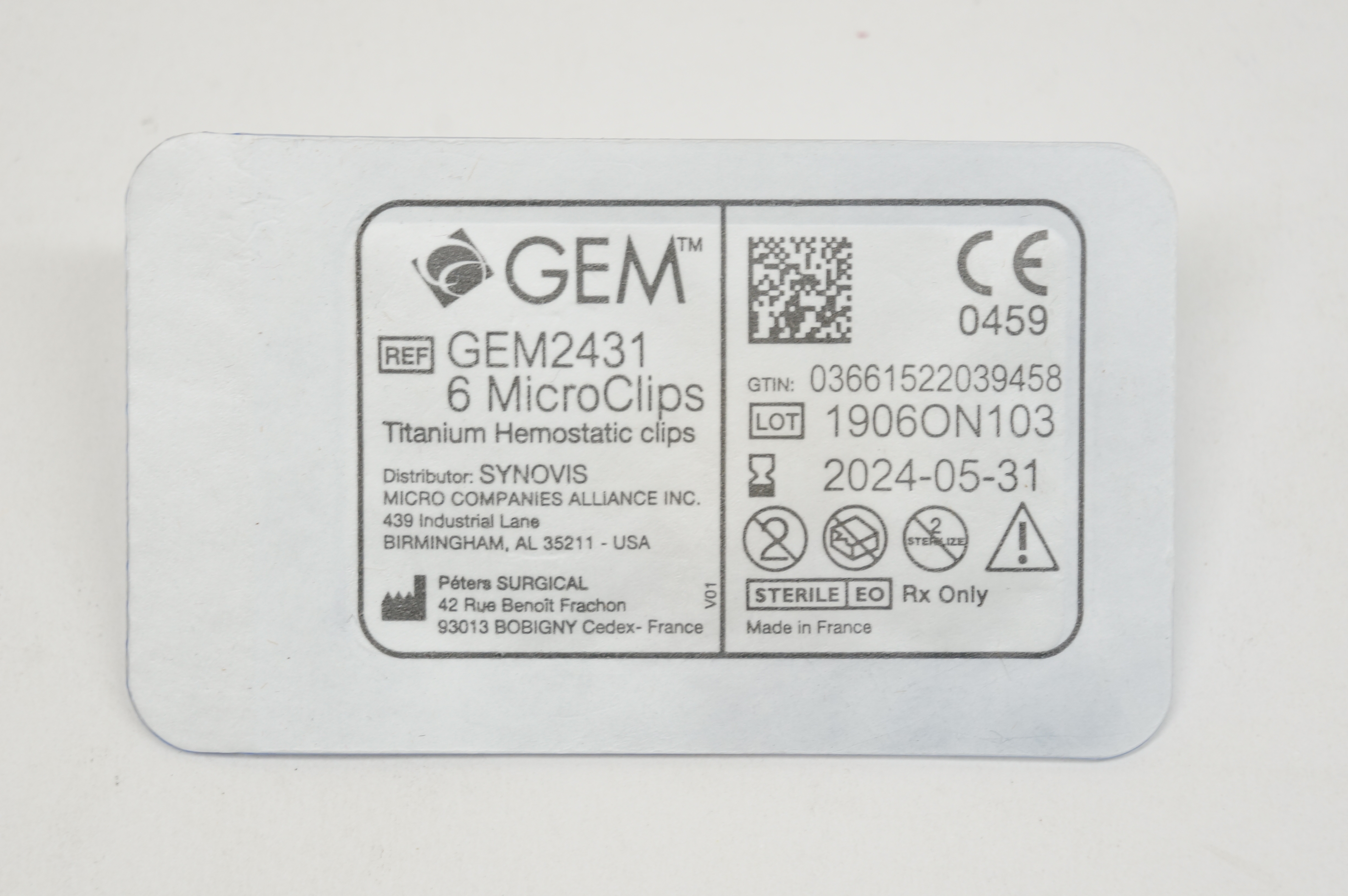 SYNOVIS GEM2431 6 MicroClips Titanium Hemostatic Clips