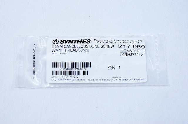 Synthes 217.060 6.5mm Cancellous Bone Screw 32mm Thread/60mm