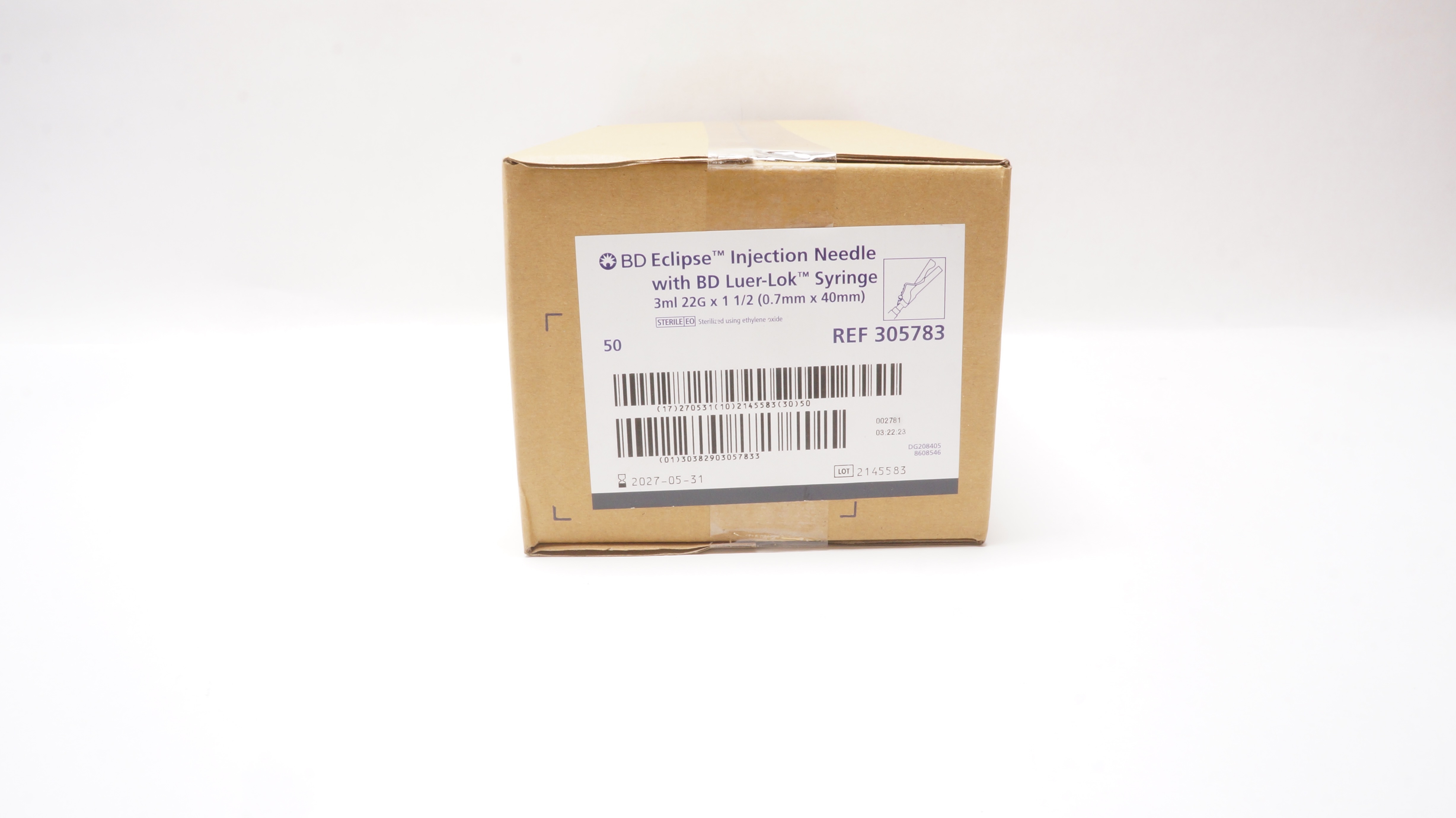 BD 305783 Eclipse Injection Ndle w/ Luer-Lok Syringe 3ml 22Gx1 1/2in -Case of 50