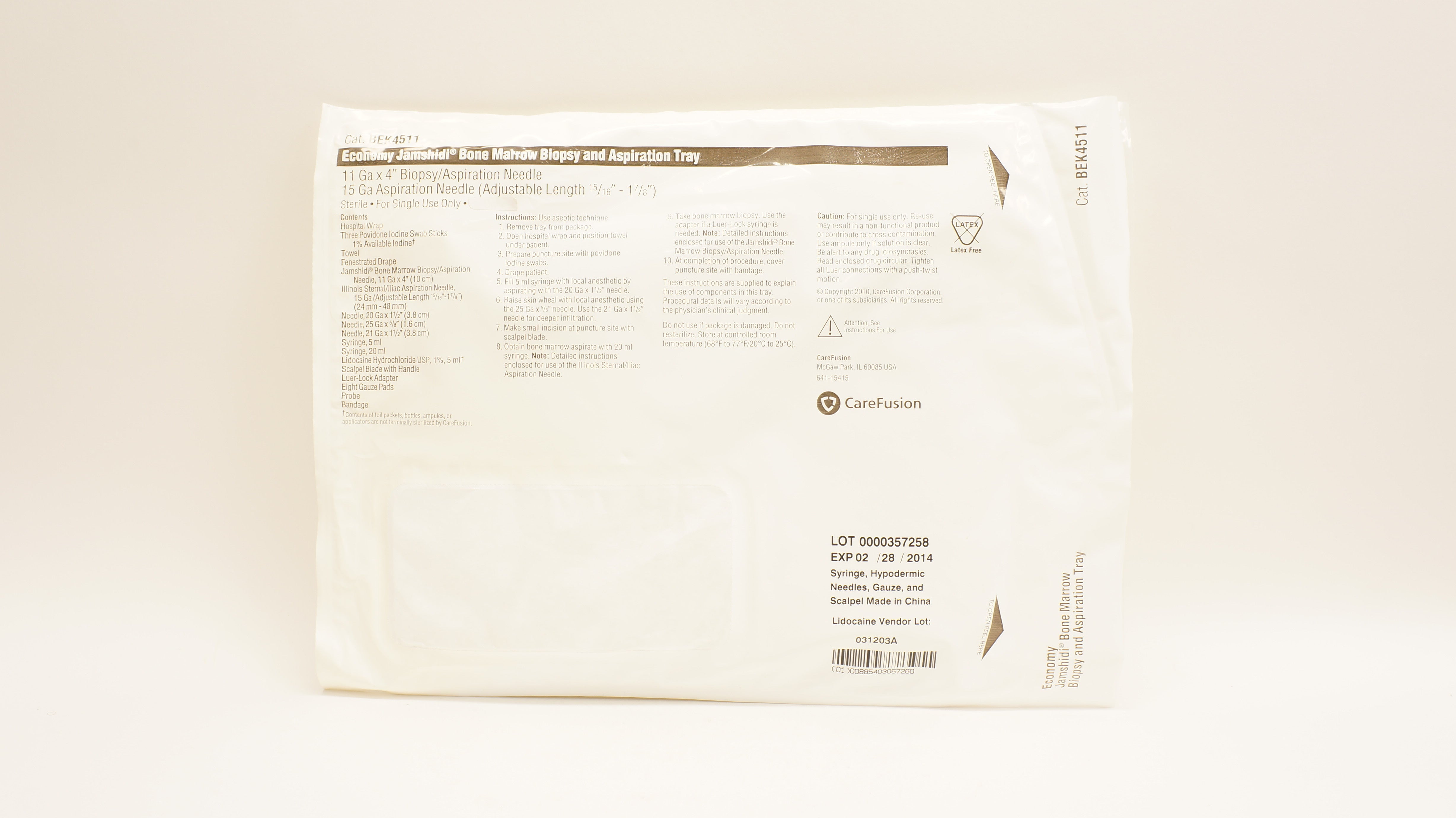 CareFusion BEK4511 Economy Bone Marrow Biopsy & Aspiration Tray 11Ga x 4inch (x)