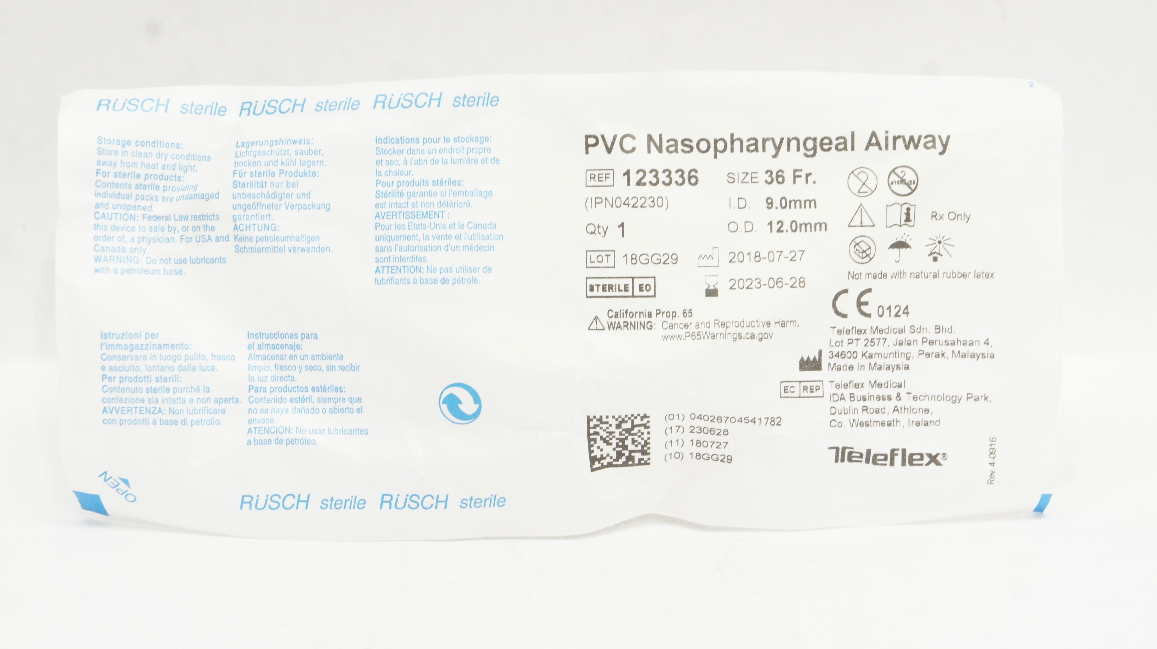 Teleflex 123336 Rusch PVC Nasopharyngeal Airway 36 Fr. 9.0mm ID x 12.0mm OD (x)
