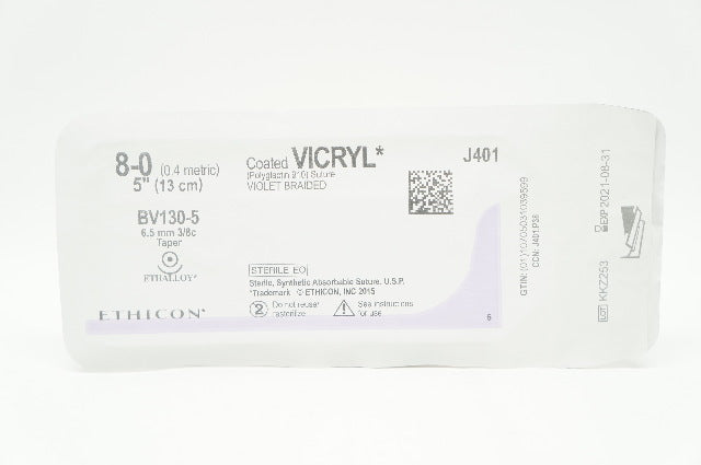 Ethicon J401 8-0 VICRYL Violet Braided, BV130-5, 6.5mm 3/8c Taper, 5inch (x)