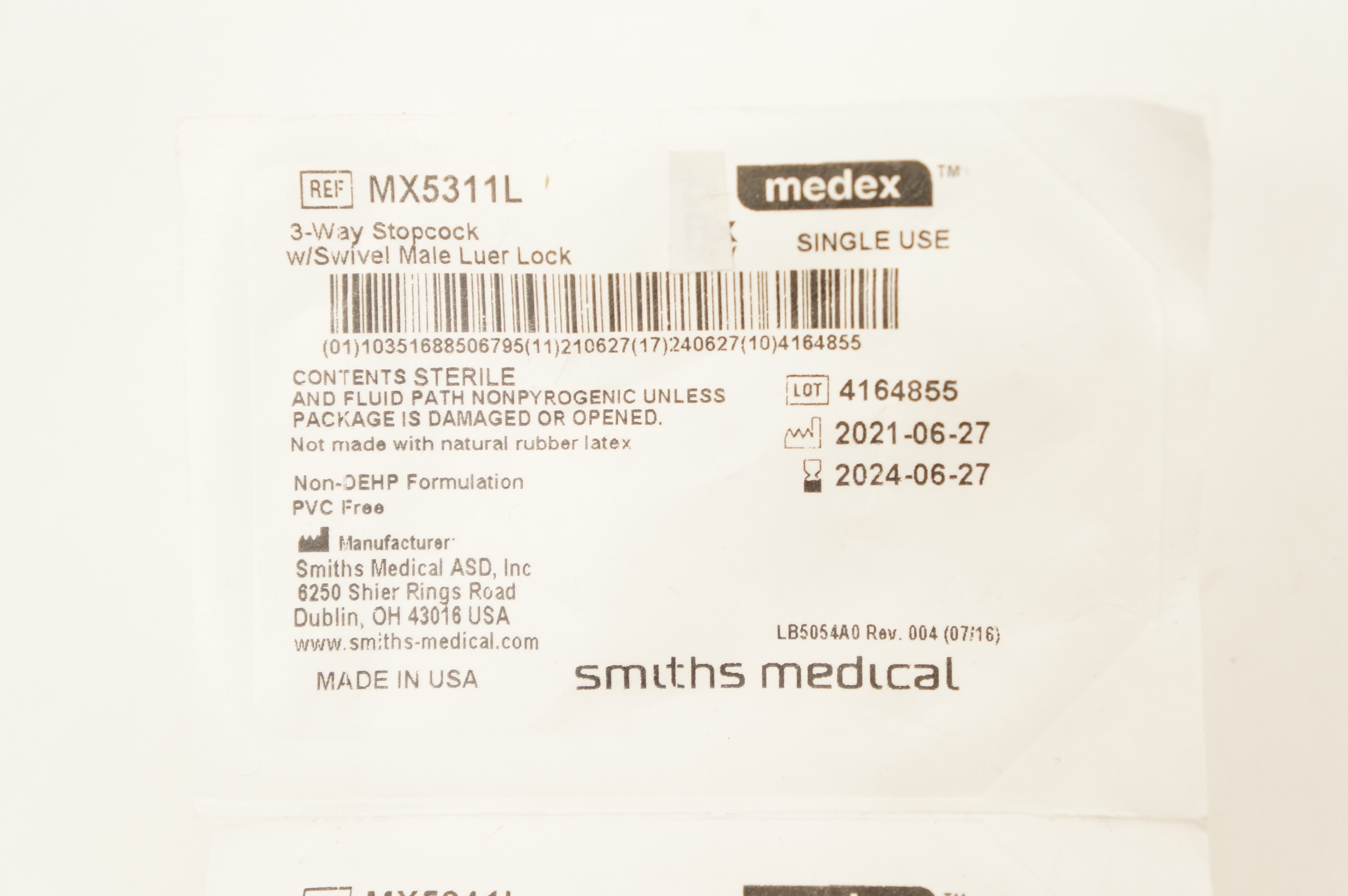 Smiths Medical MX5311L Medex 3-Way Stopcock w/Swivel Male Luer Lock