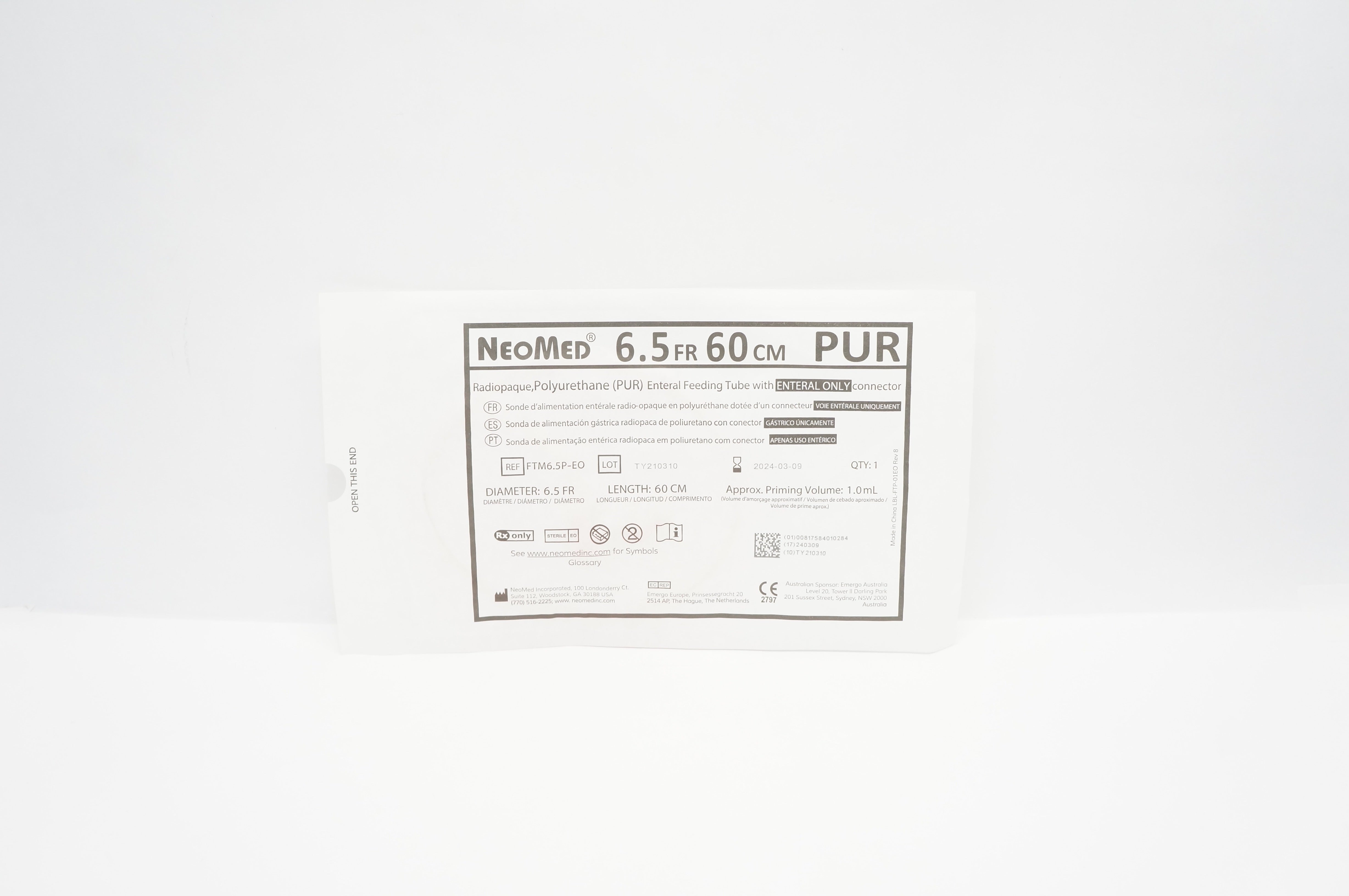 NeoMed FTM6.5P-EO  Polyurethane Enteral Feeding Tube Pediatric 6.5F x  60cm