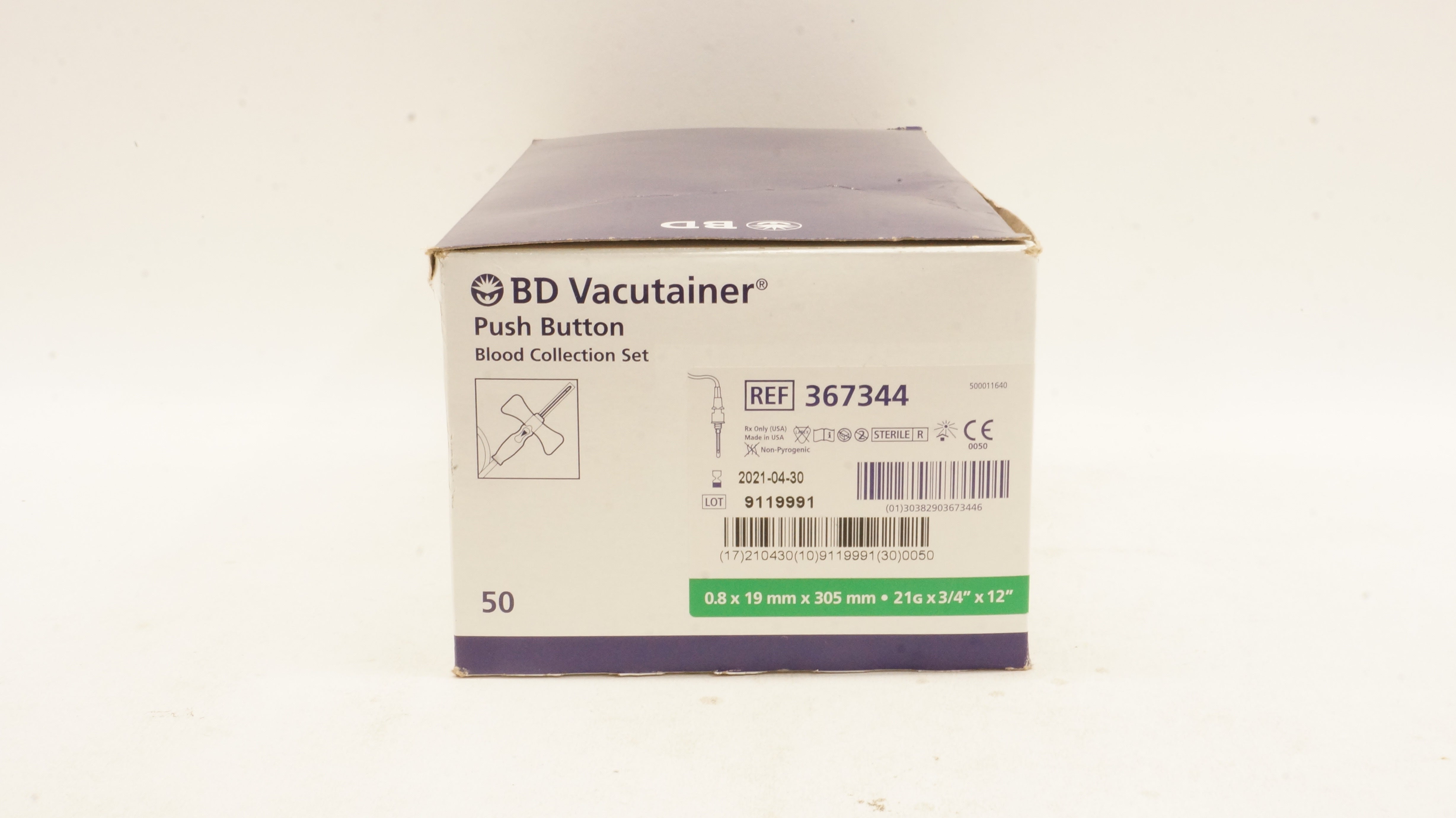 BD 367344 Vacutainer Push Button Blood Collection Set 24Gx 3/4inch -Box of 50(x)