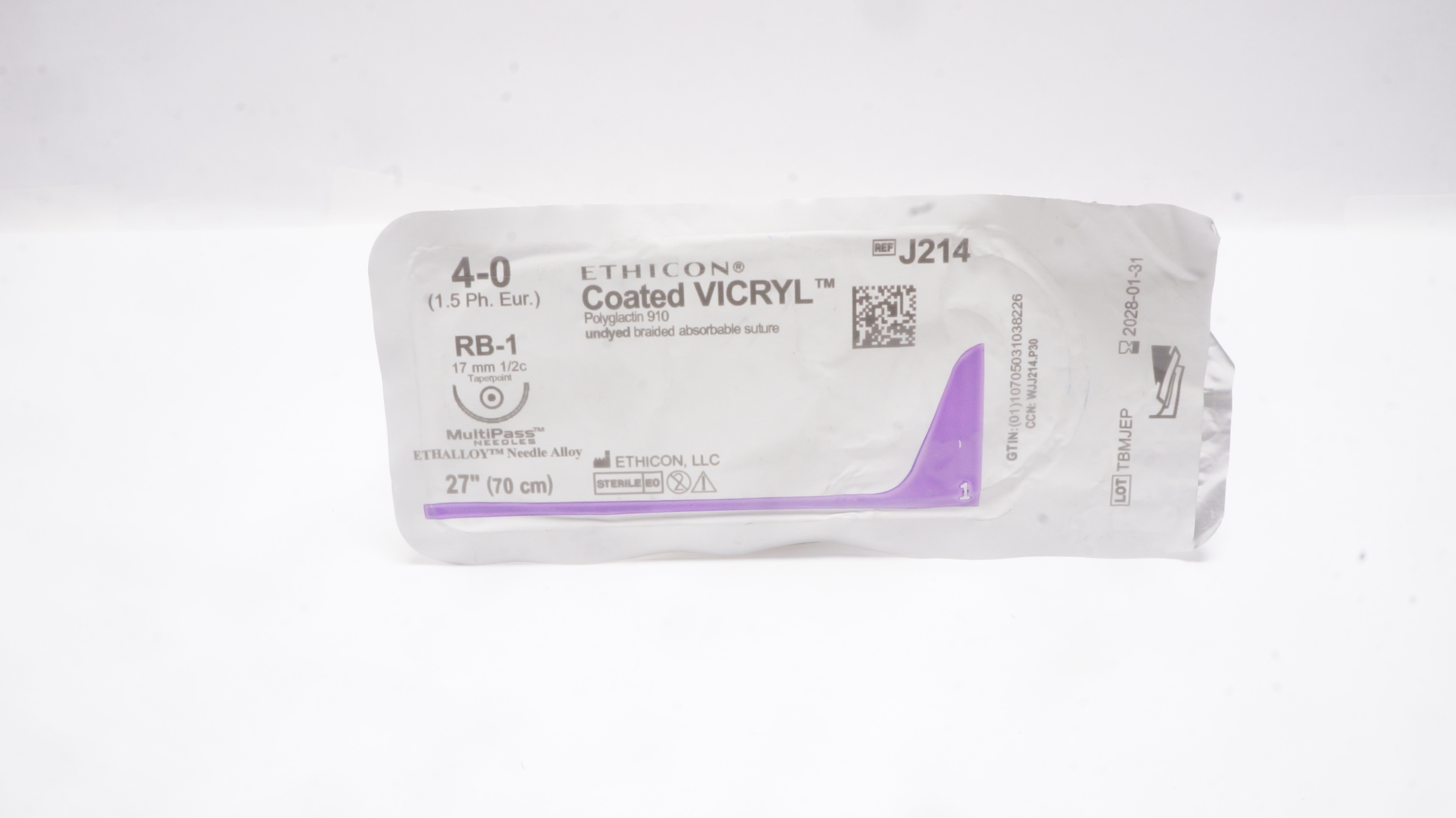 Ethicon J214 4-0 Coated Vicryl Stre Undyed Braided RB-1 17mm 1/2c Taper, 27inch