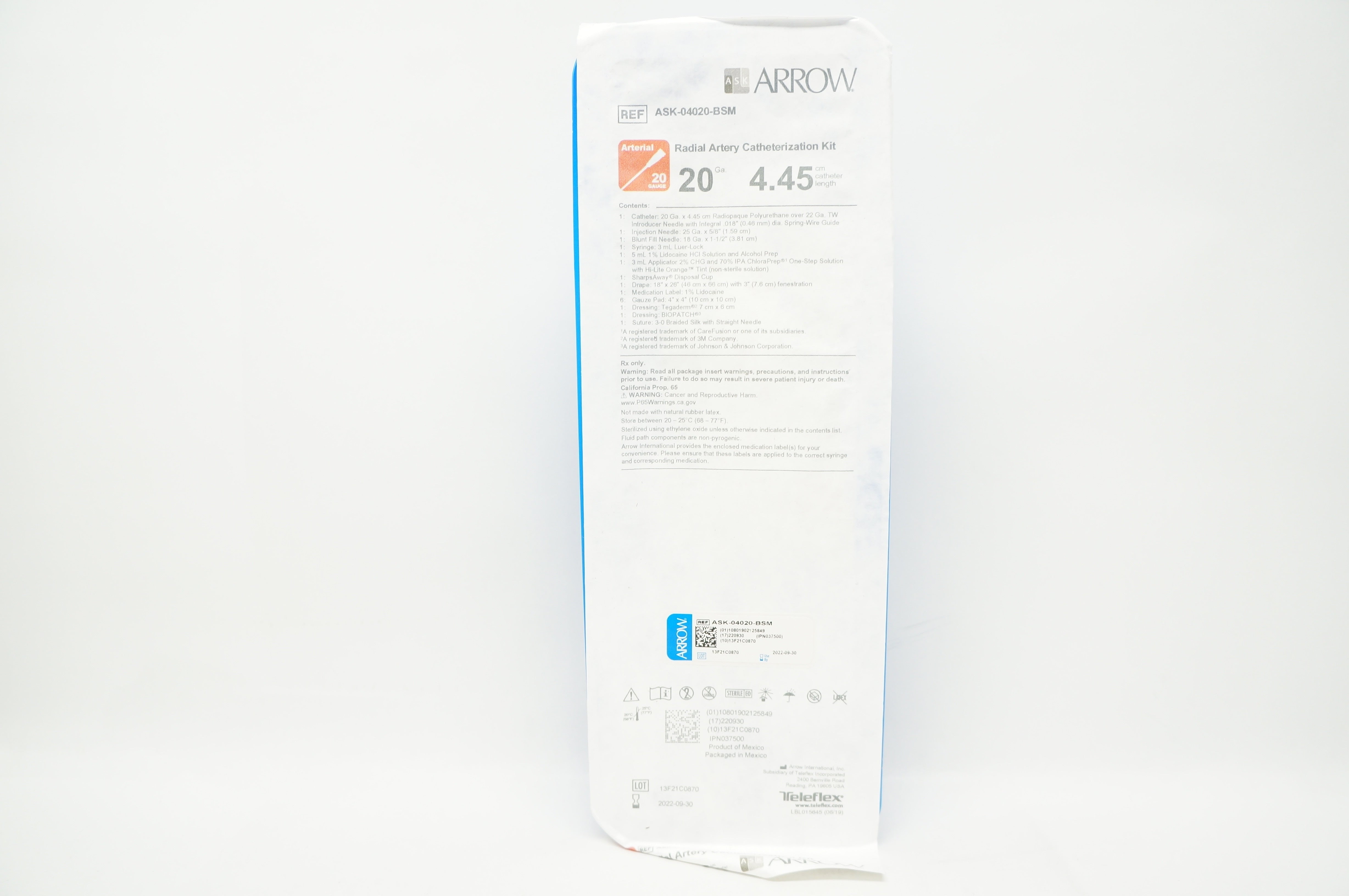 Arrow ASK-04020-BSM Radial Artery Catheterization Kit 20 Ga 4.45 cm.
