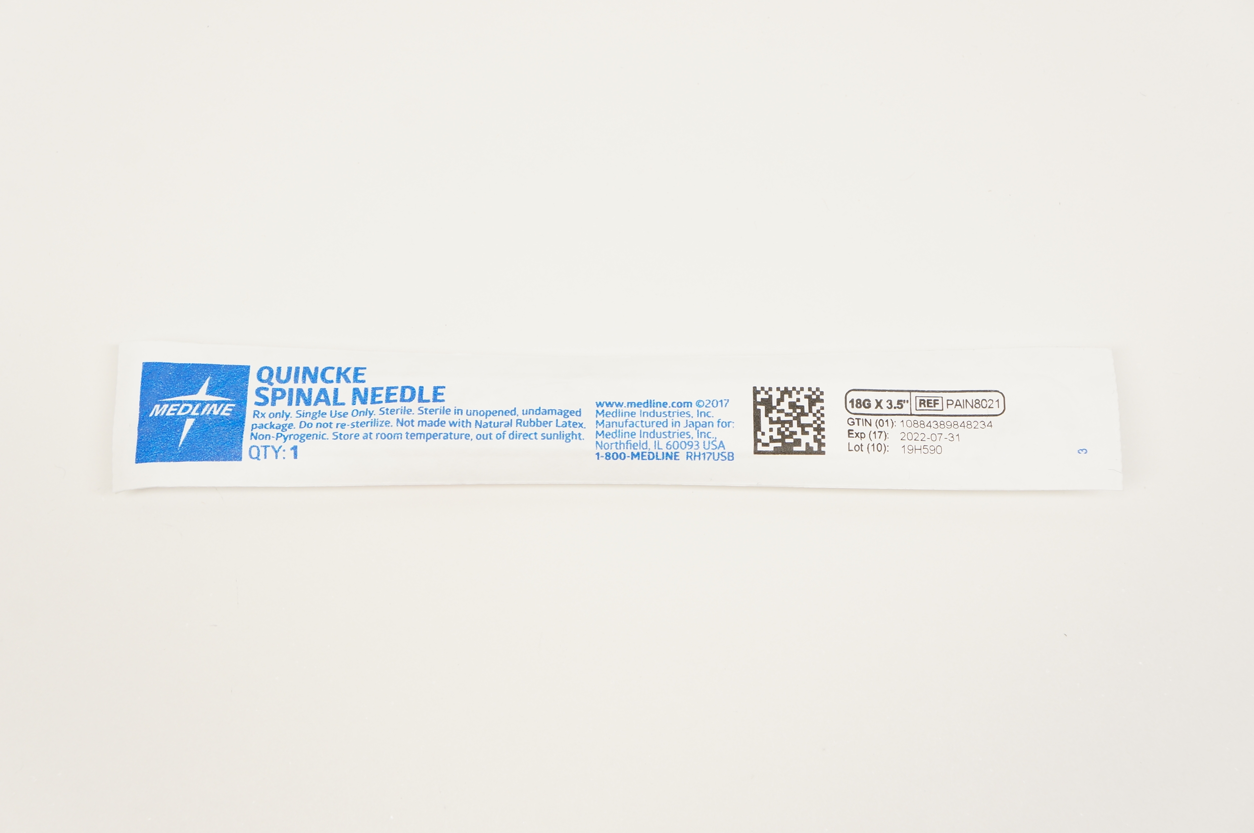 Medline PAIN8021 Quincke Spinal Ndle 18G x 3.5inch