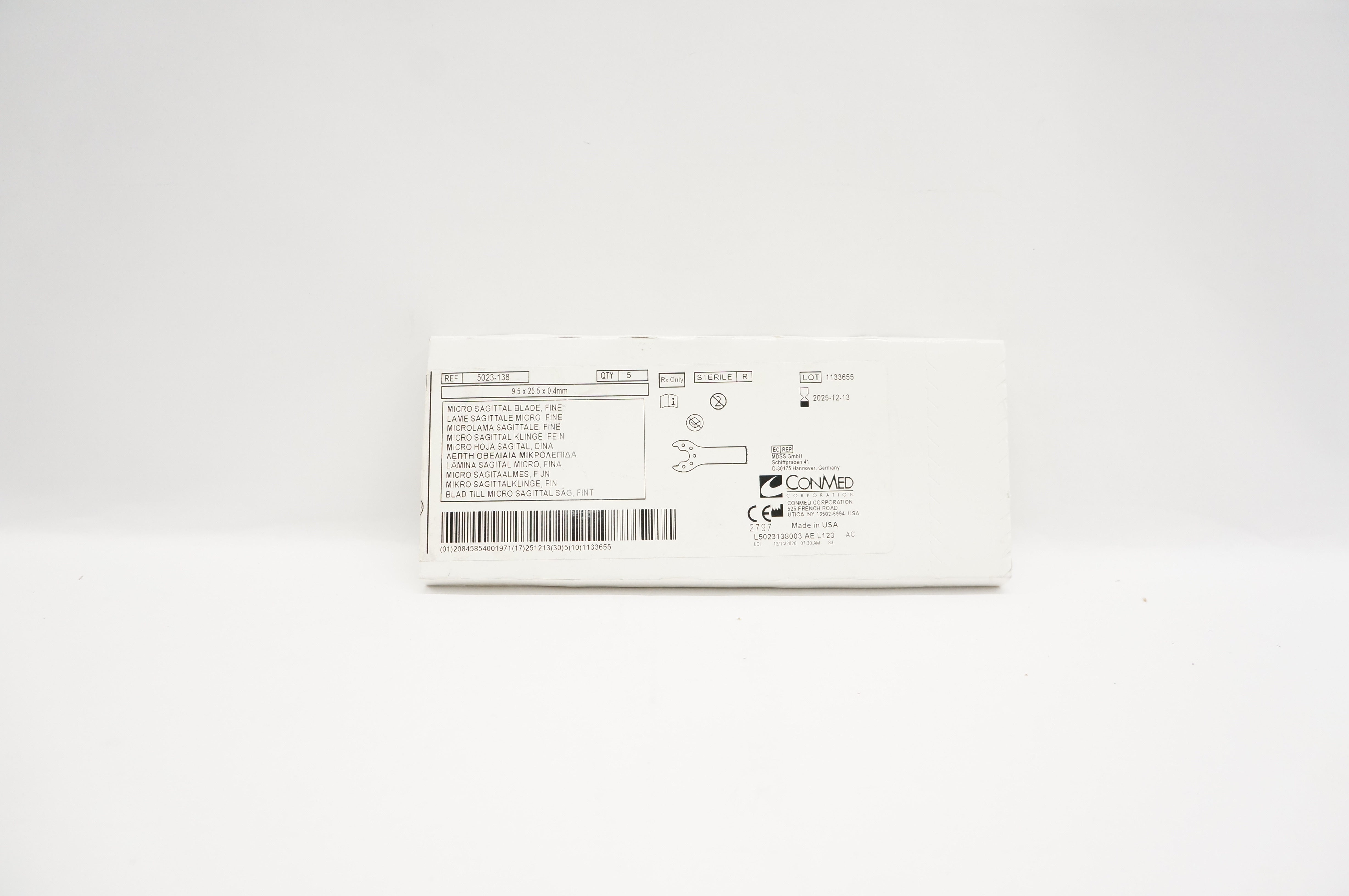 Conmed 5023-138 Micro Sagittal Blade Fine 9.5 x 25.5 x 0.4mm - Box of 5