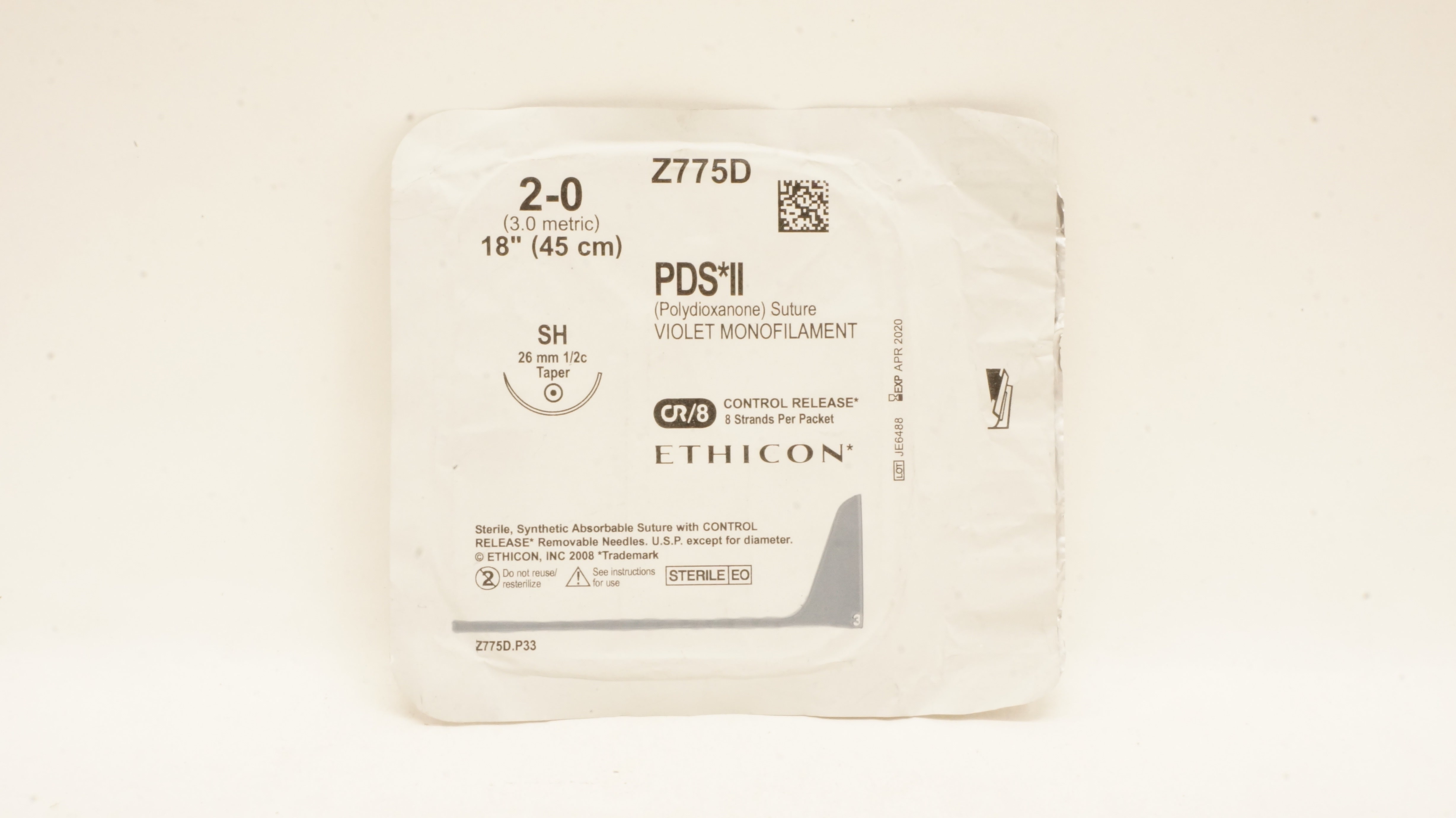 Ethicon Z775D 2-0 PDS II Polydioxanone Stre SH 26mm 1/2c Taper, 18 inch CR/8 (x)