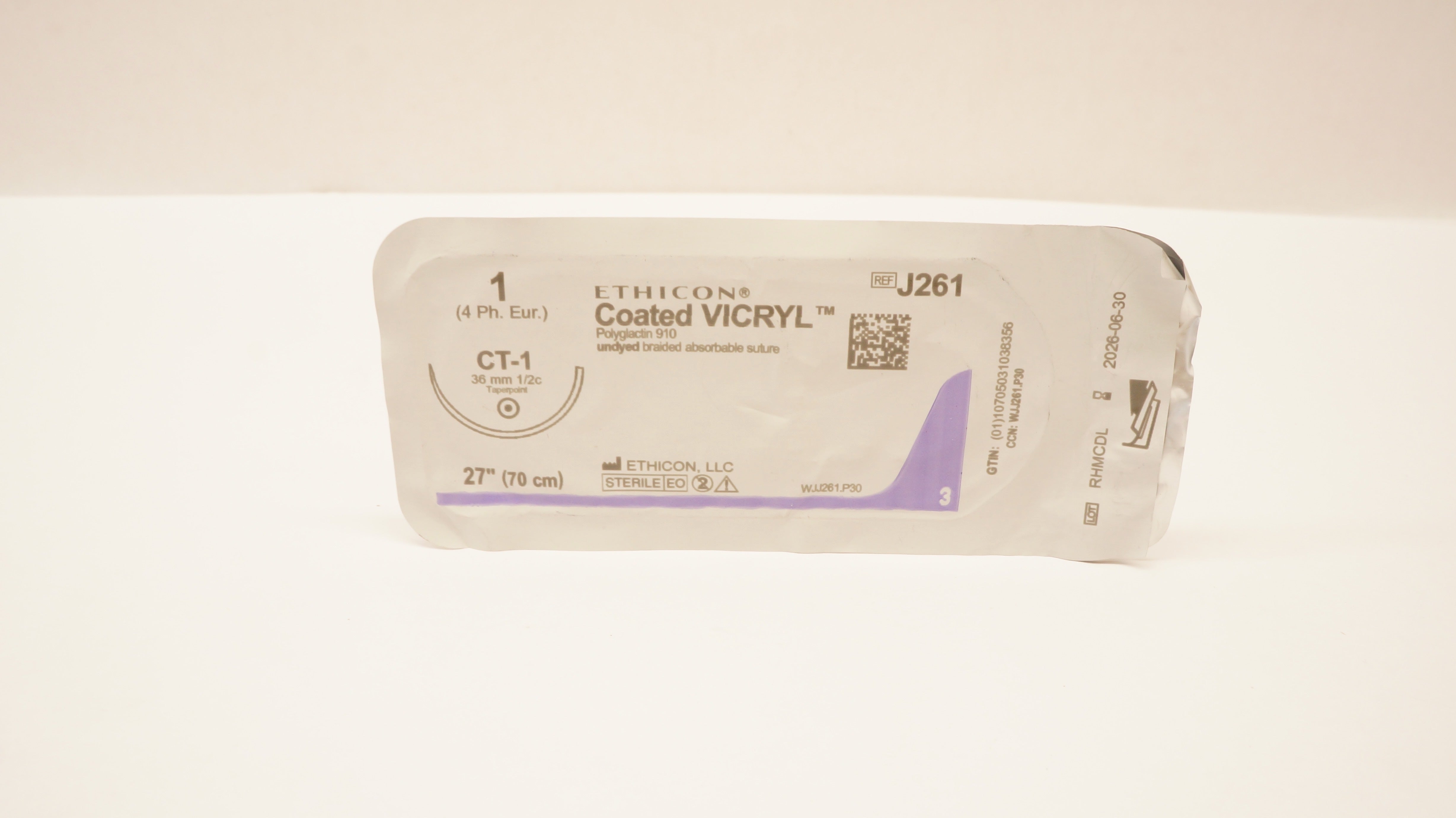 Ethicon J261 1 Coated VICRYL, CT-1 36mm 1/2c Taperpoint, 27inch
