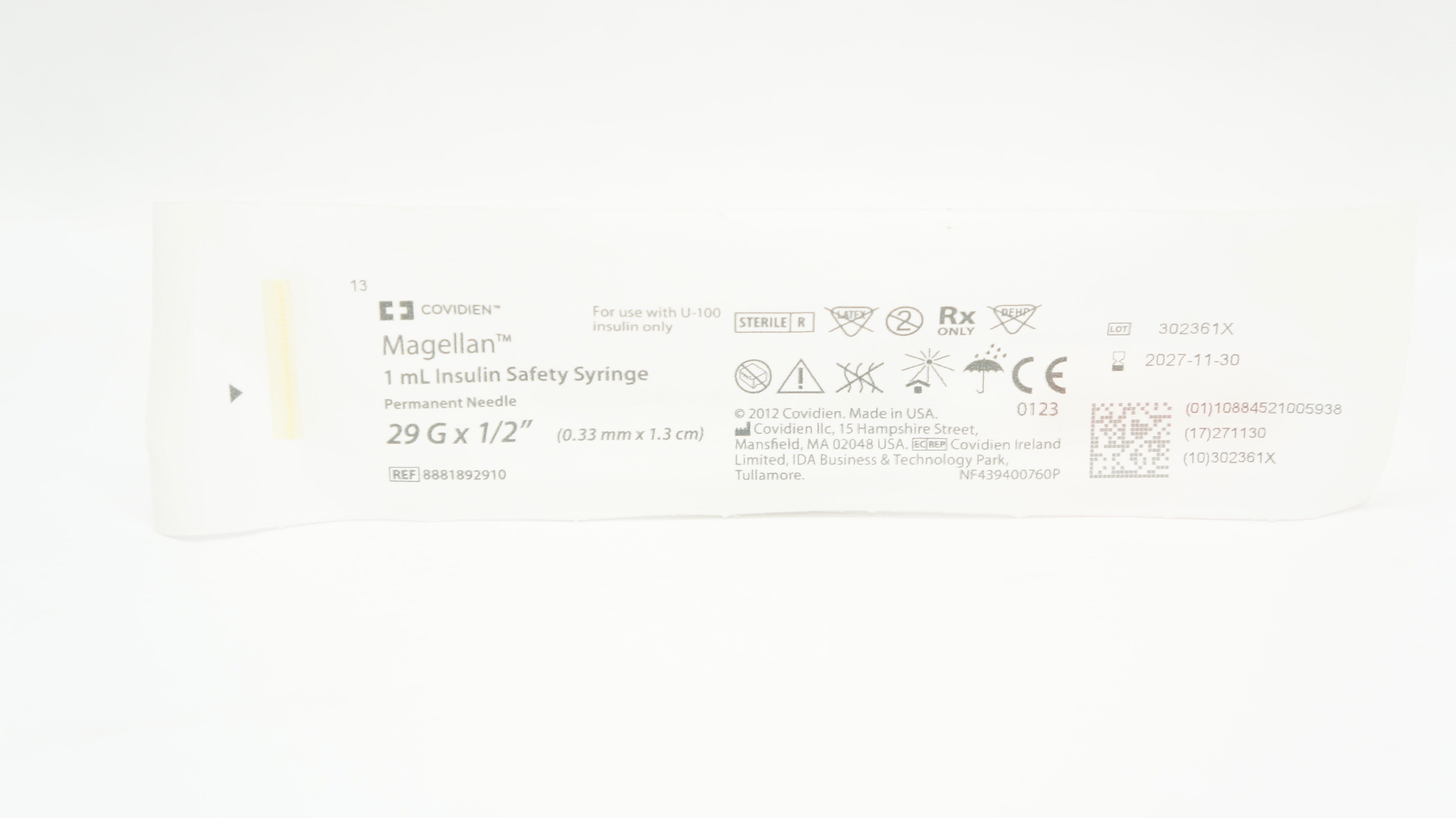 Covidien 8881892910 Magellan 1 mL Insulin Safety Syringe 29G x 1/2inch