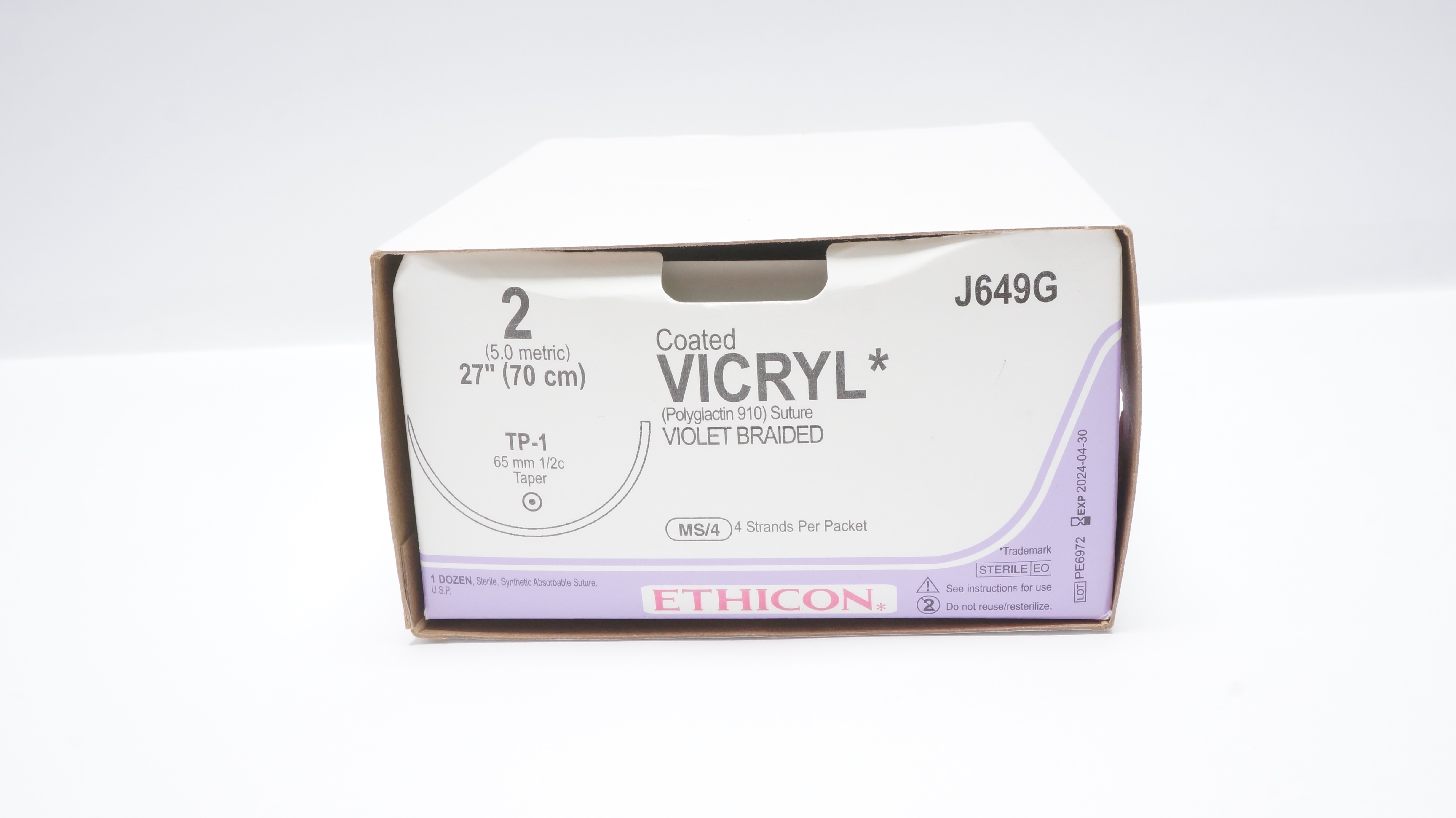 Ethicon J649G 2 Coated VICRYL Polyglactin 910 Stre TP-1 65mm,4x 27in-Box of 6(x)