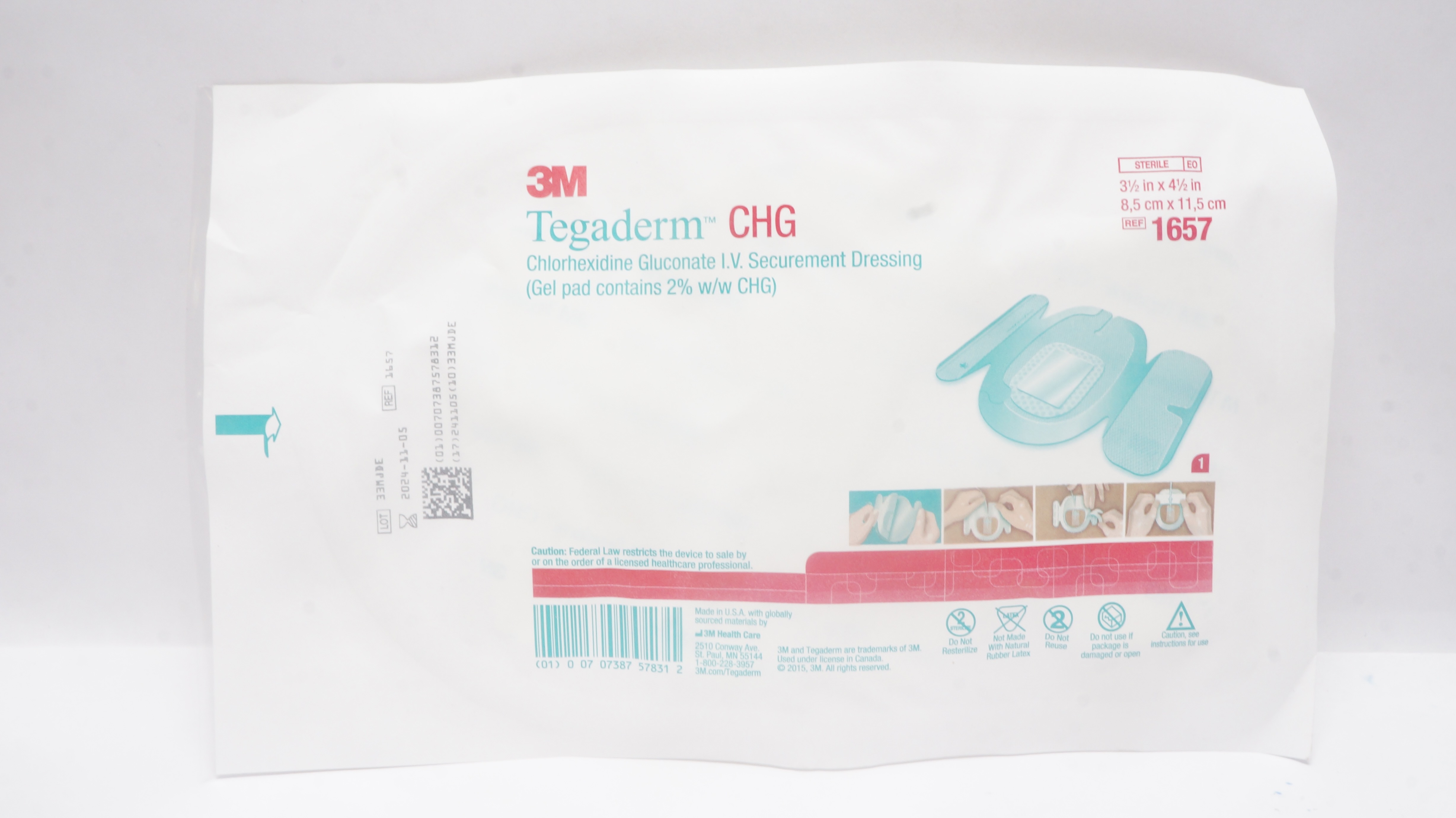 3M 1657 Tegaderm CHG I.V. Securement Dressing 3-1/2 x 4-1/2inch