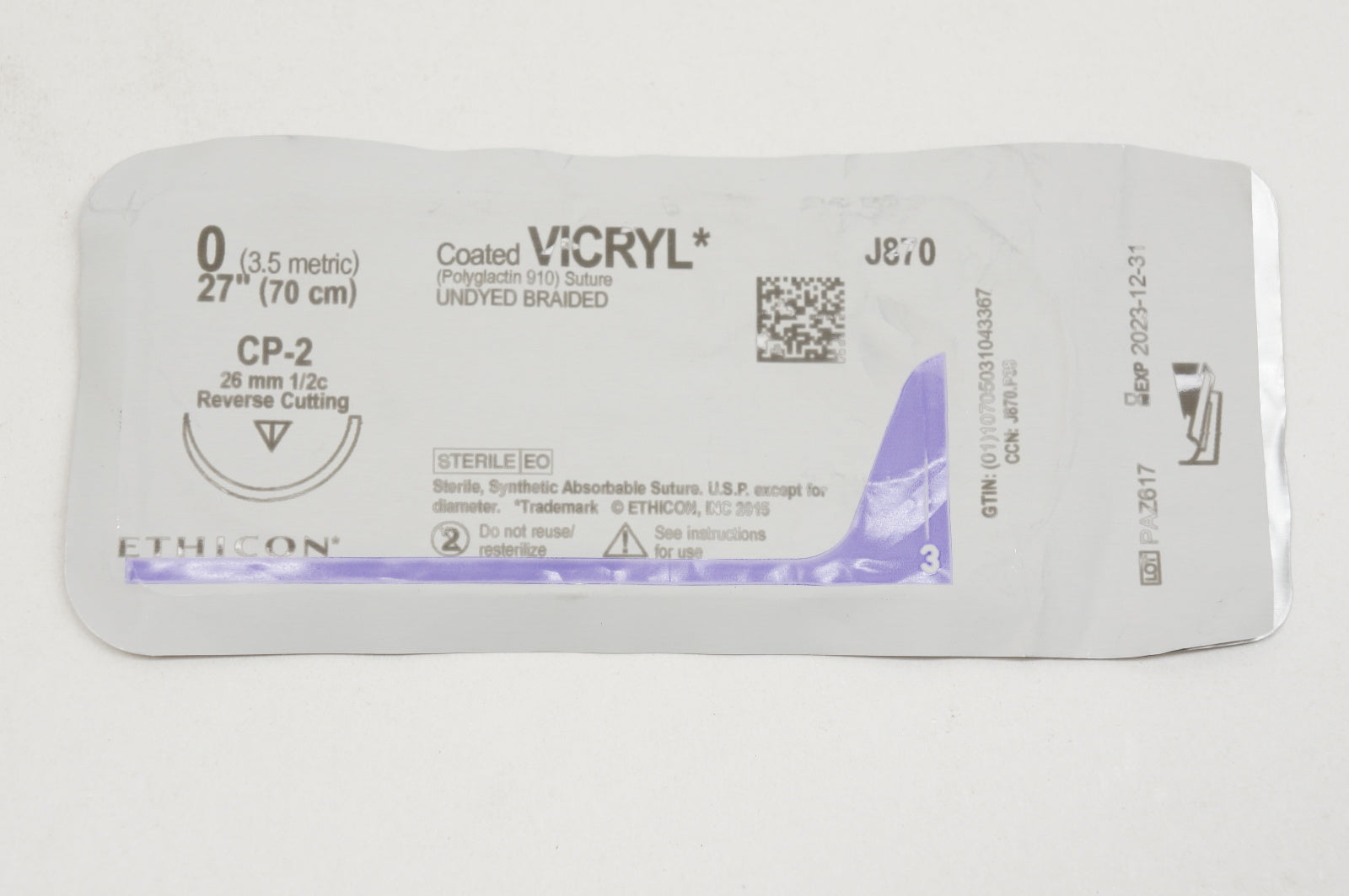 Ethicon J870 0 VICRYL, CP-2, 26mm 1/2c, 27inch