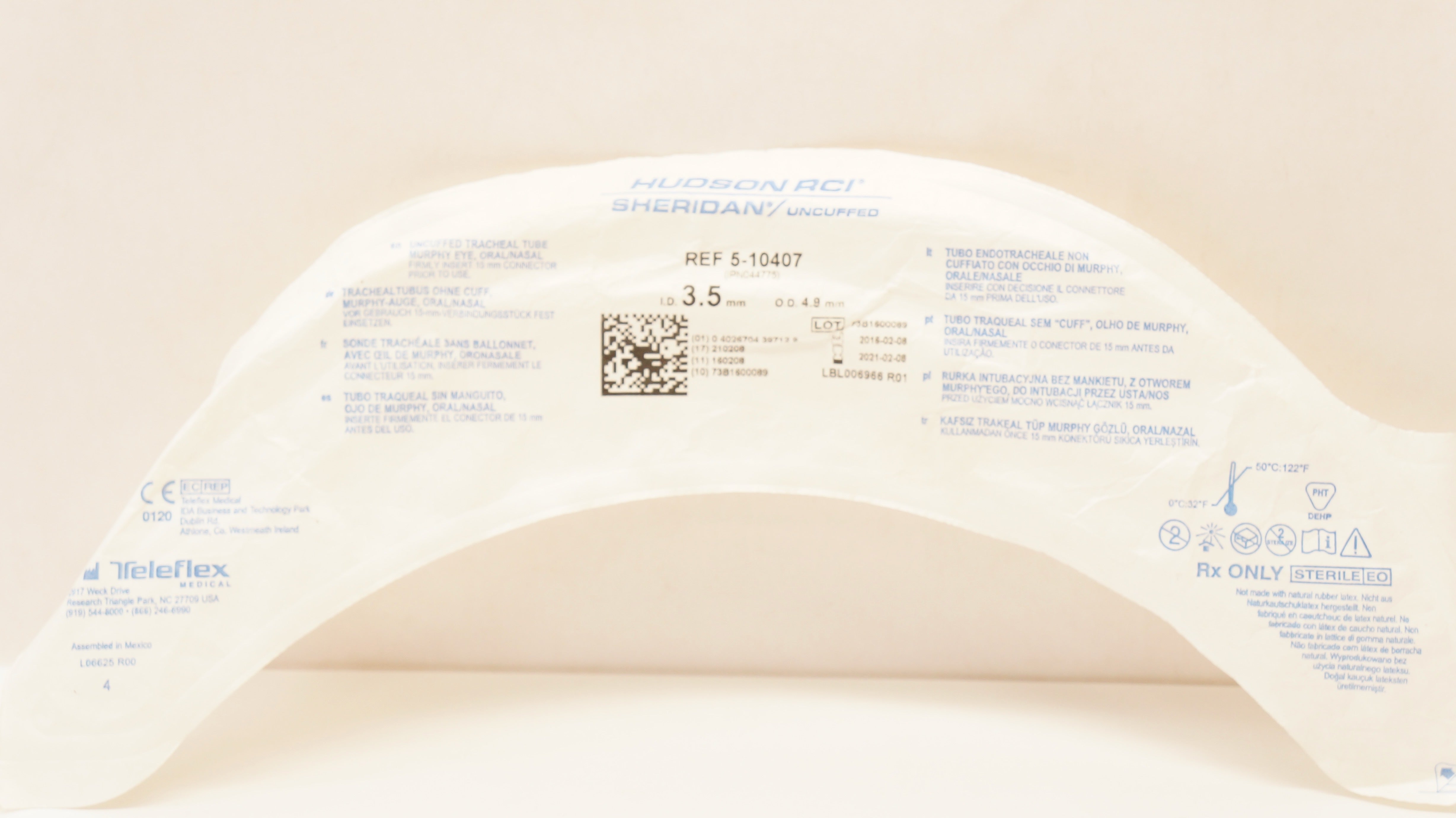 Teleflex 5-10407 Hudson RCI Sheridan Tracheal Tube Uncuffed 3.5 ID x 4.9mm OD(x)