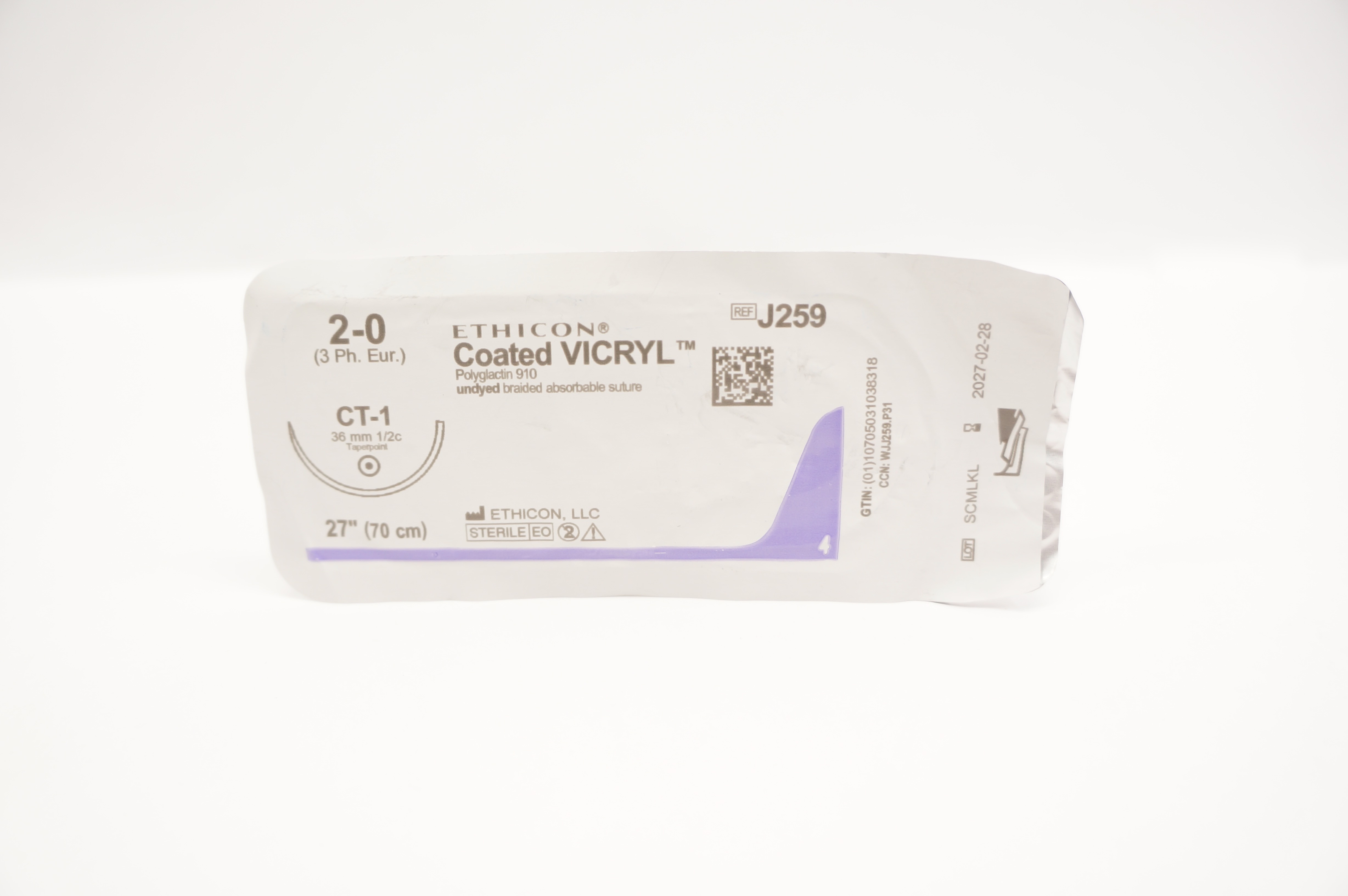 Ethicon J259 2-0 Coated VICRYL Polyglactin Stre CT-1 36mm 1/2c Taperpoint 27inch