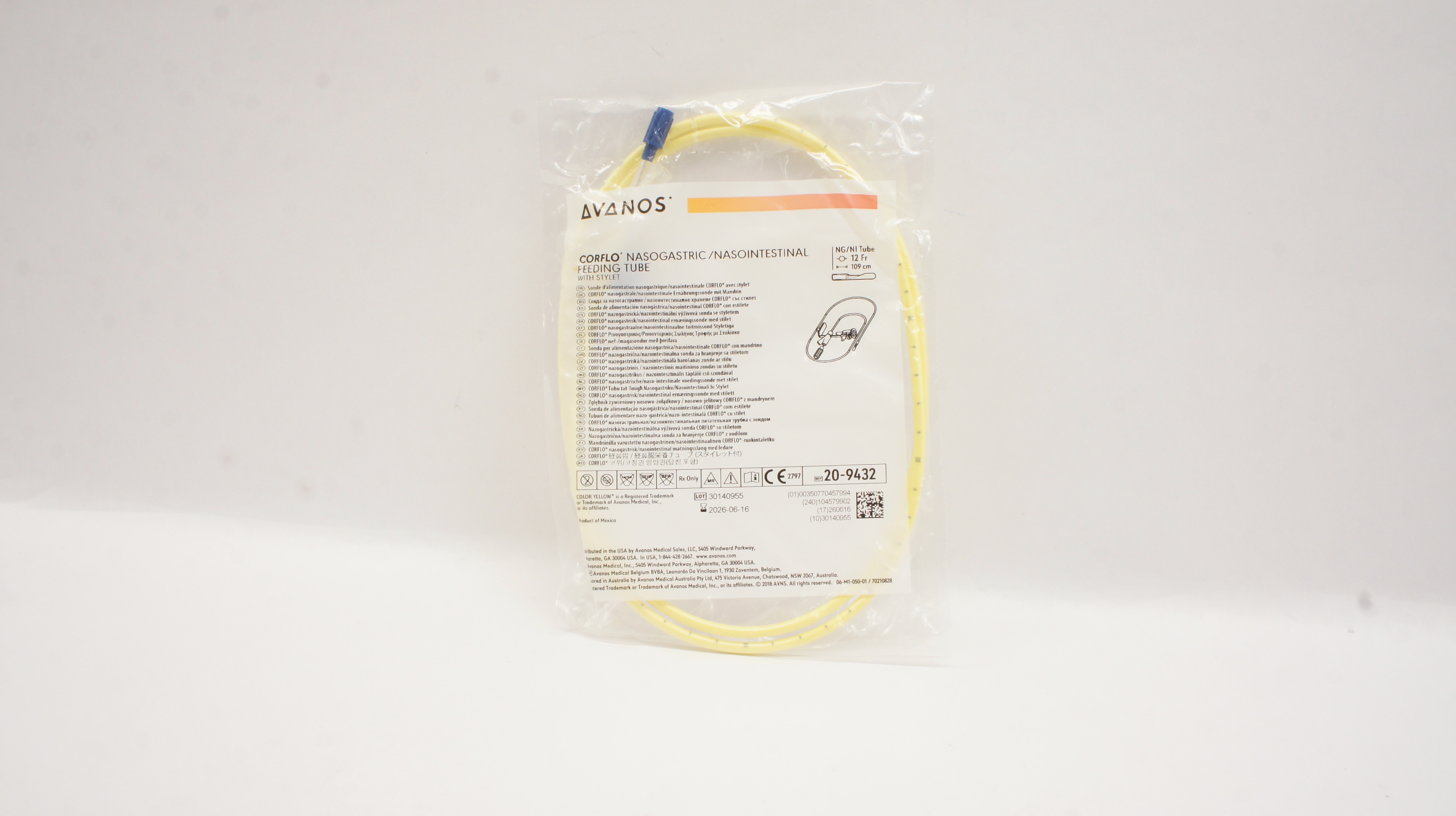 Avanos 20-9432 Corflo Nasogastric /Nasointenstinal Feeding Tube W/Stylet 12Fr