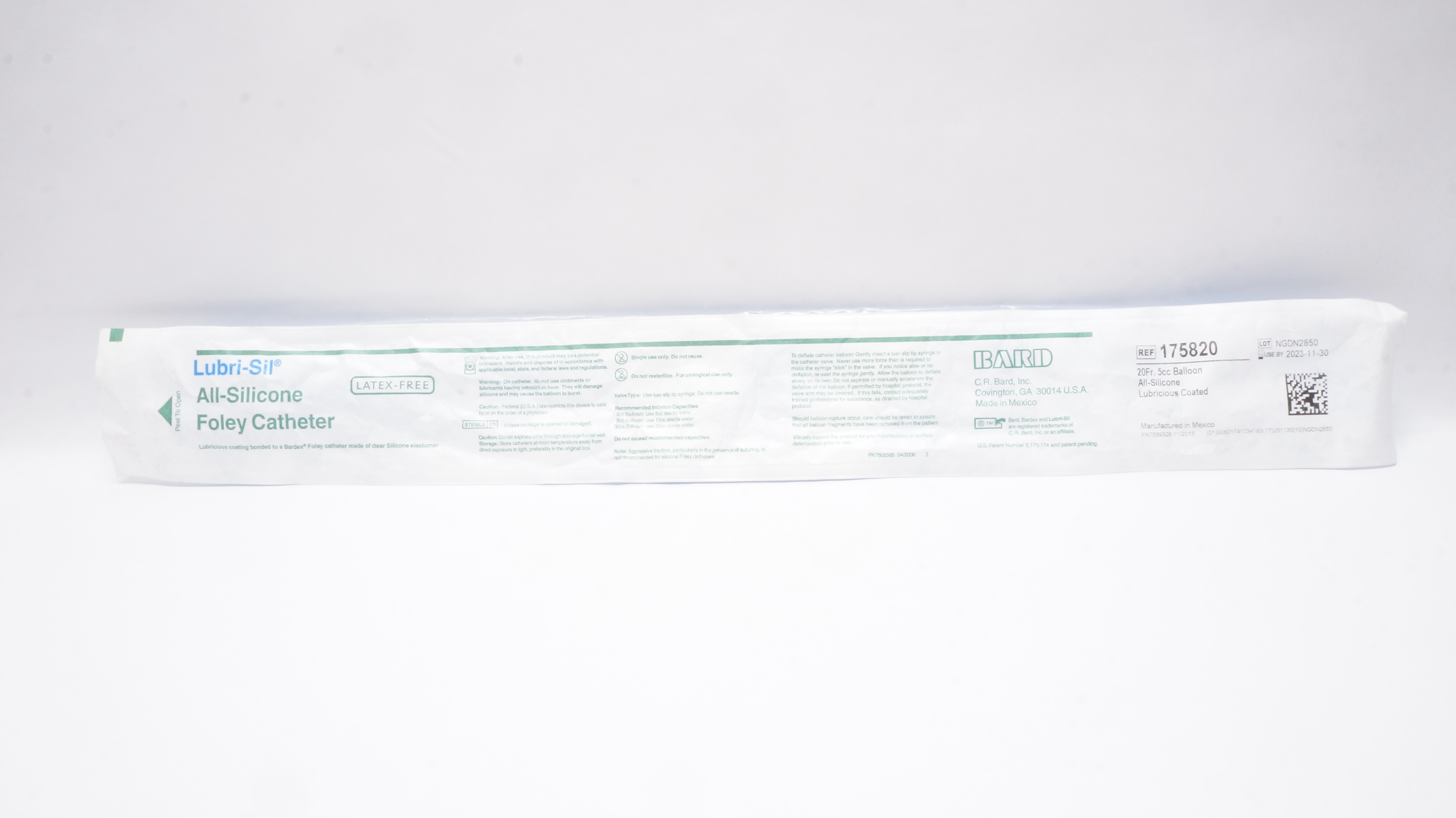 Bard 175820 Lubri-Sil All-Silicone Foley Cath. 20Fr 5cc Balloon