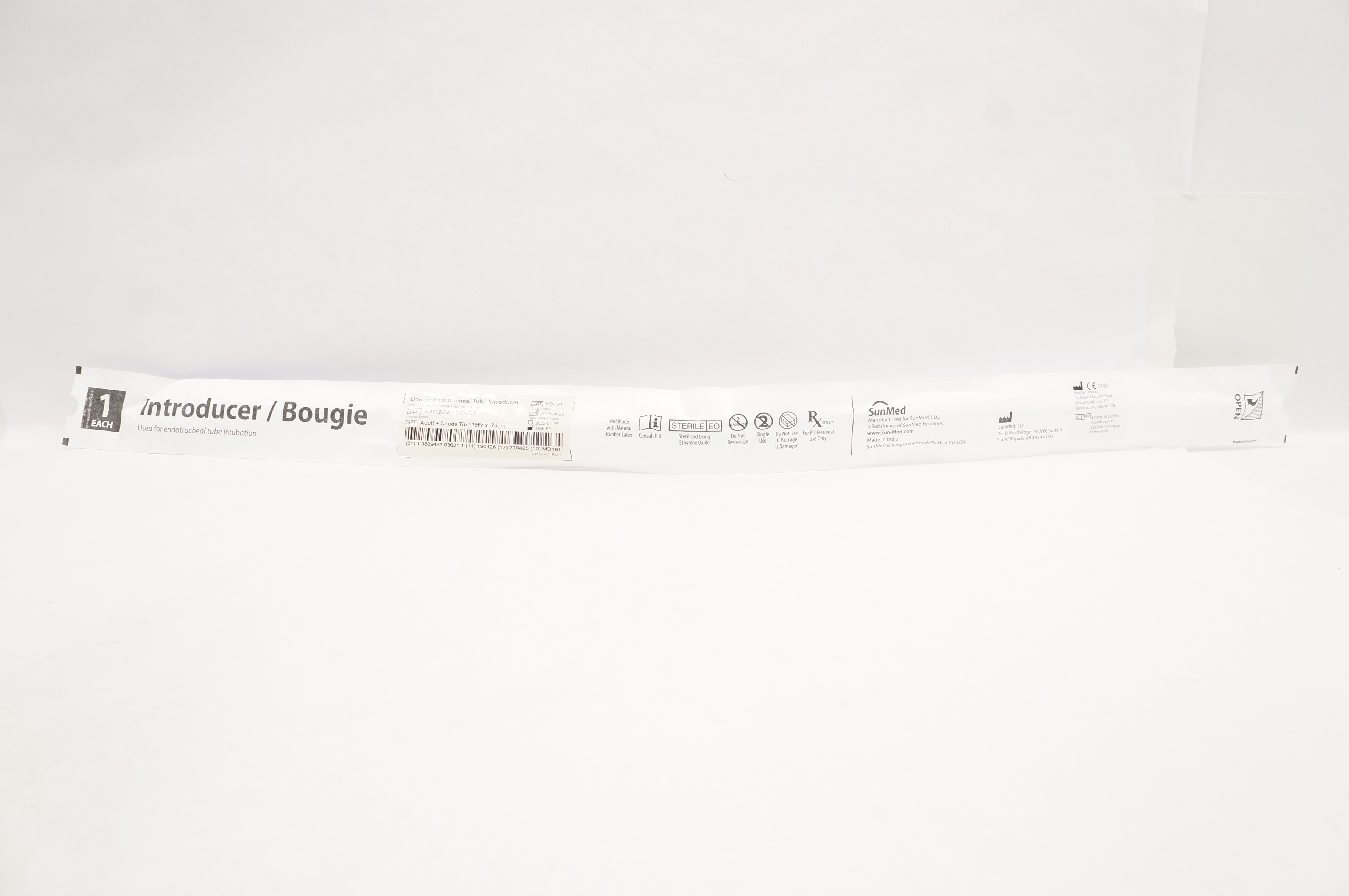 SunMed 9-0212-70 Bougie Endotracheal Tube Introducer Coude Tip 15Fr x 70cm (x)