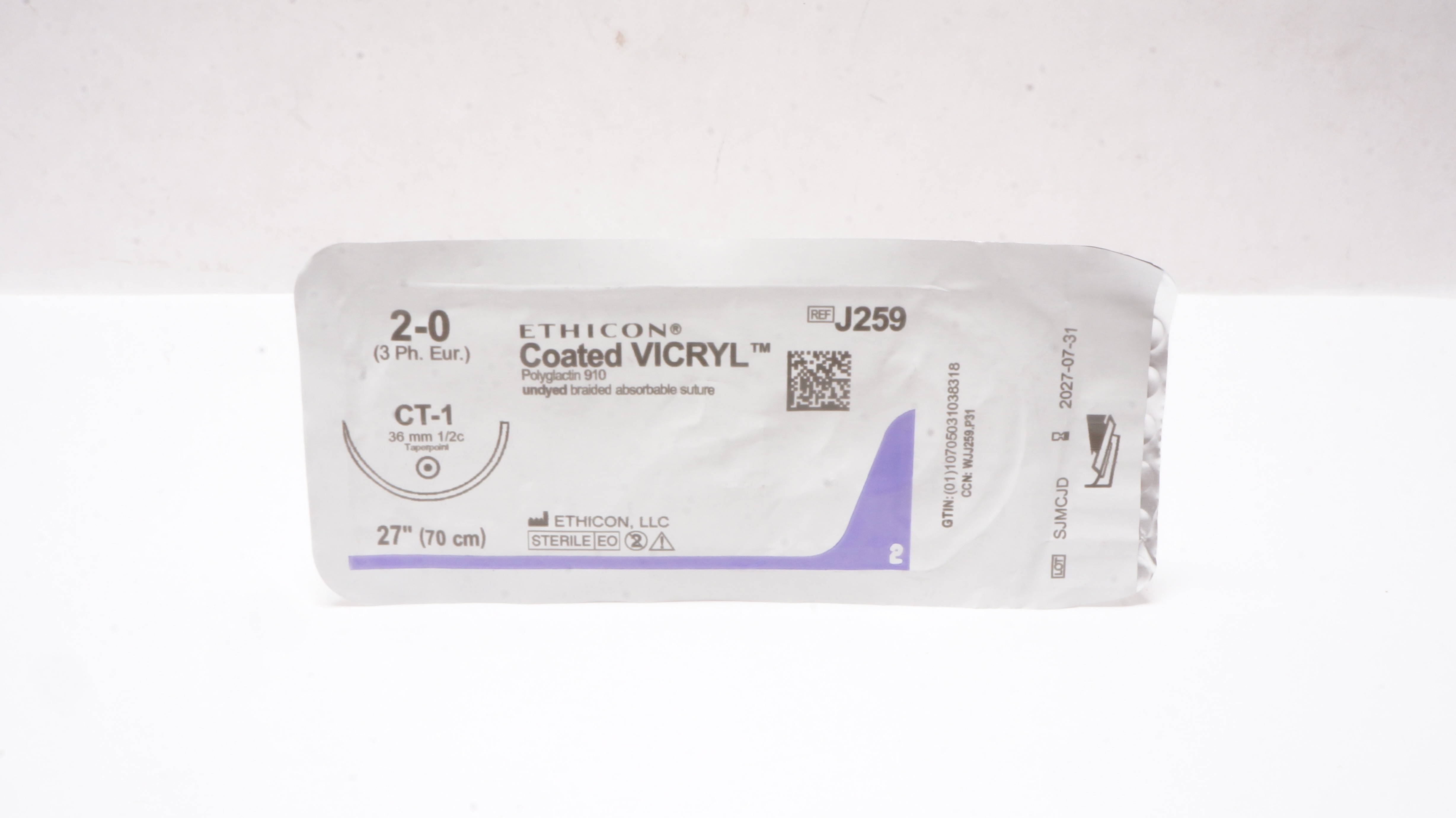 Ethicon J259 2-0 Coated VICRYL Polyglactin Stre CT-1 36mm 1/2c Taperpoint 27inch