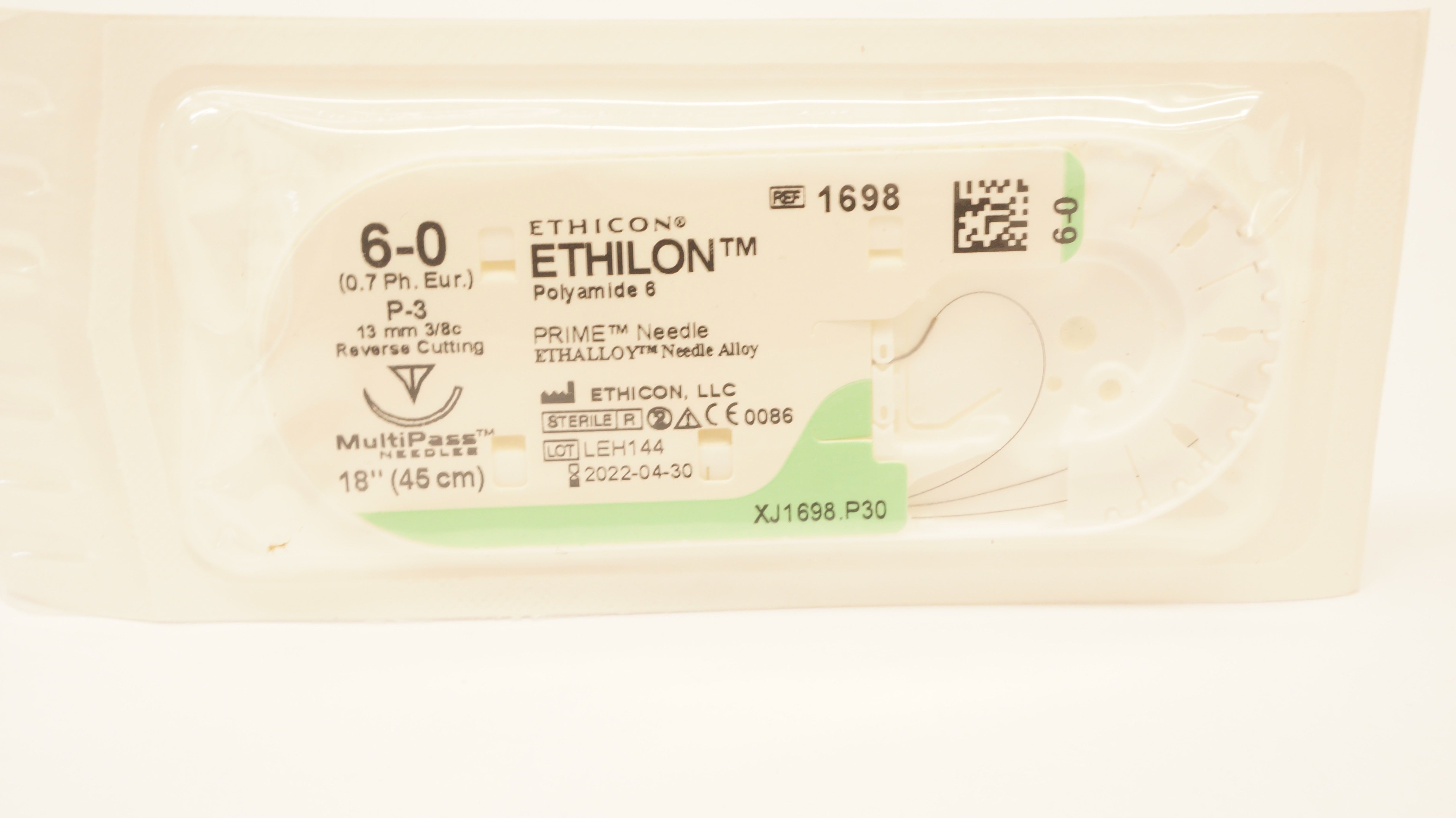 Ethicon 1698 6-0 ETHILON Stre P-3 13mm 3/8c Reverse Cutting, 18inch (x)