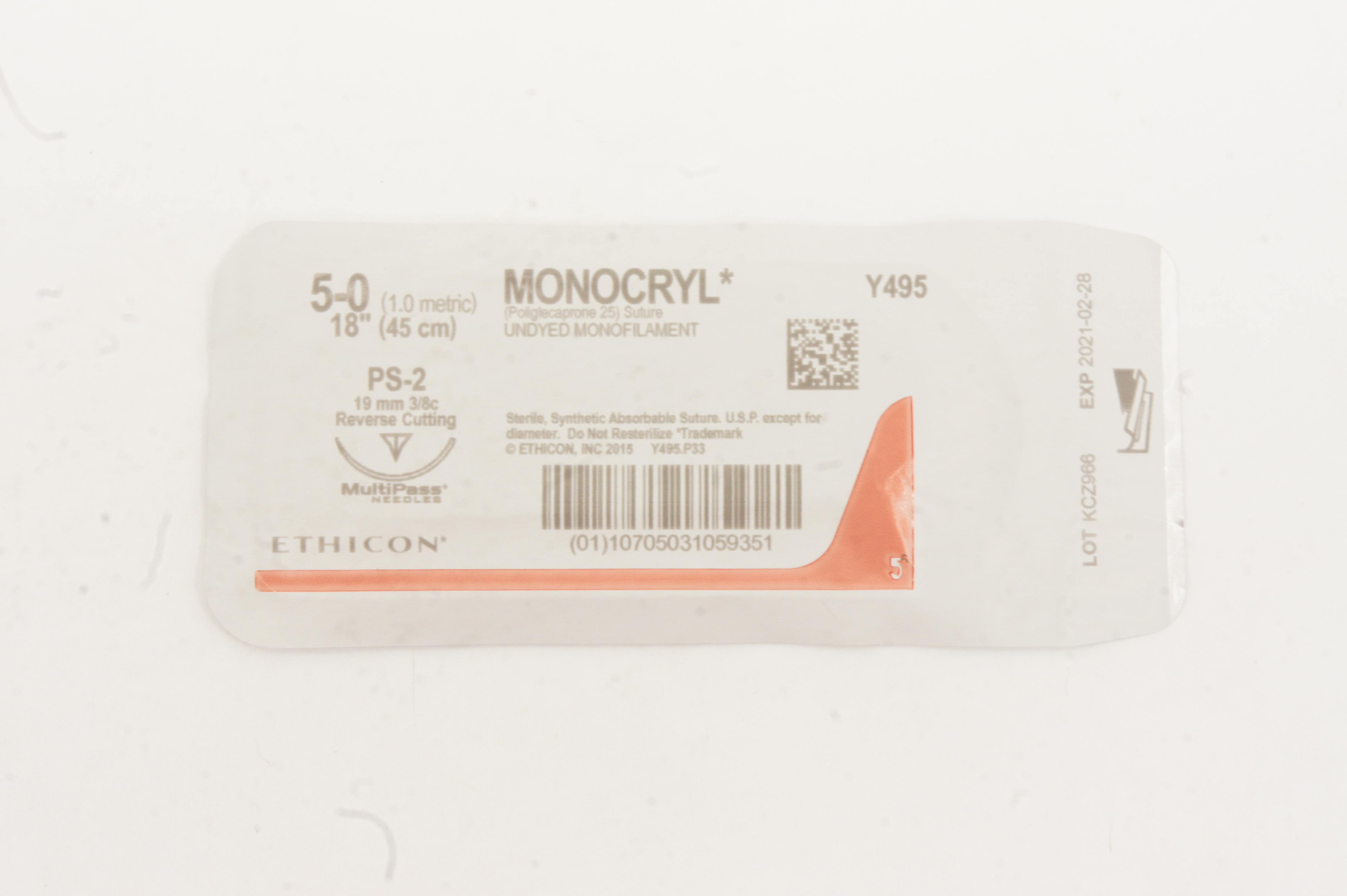 Ethicon Y495 5-0 MONOCRYL, PS-2, 19mm 3/8c Reverse Cutting, 18inch (x)